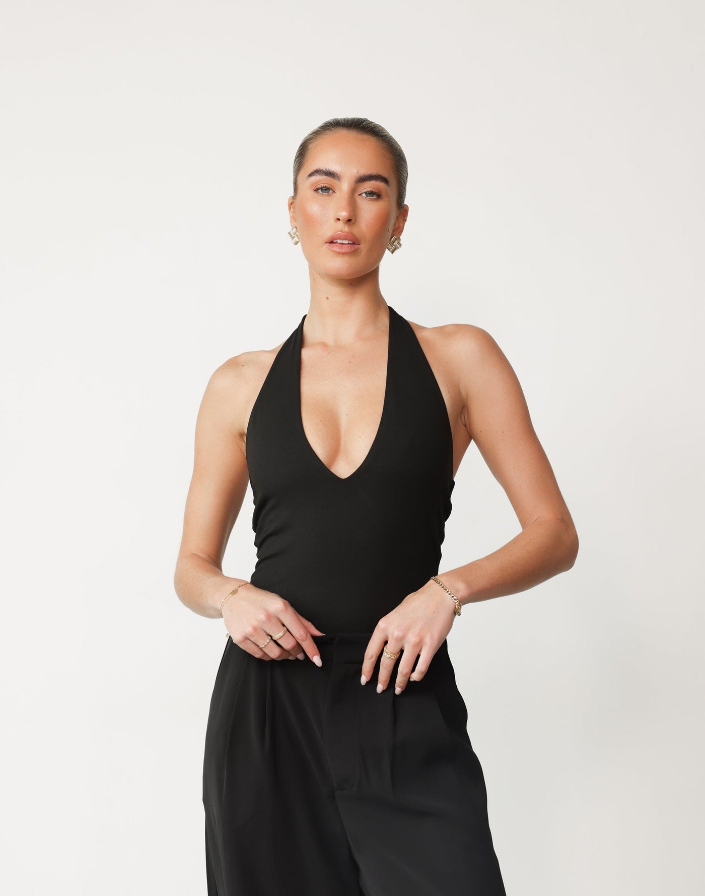 Tara Top (Black) | CHARCOAL Exclusive - V-neck Halter Neck Bodycon Jersey Top - Women's Top - Charcoal Clothing