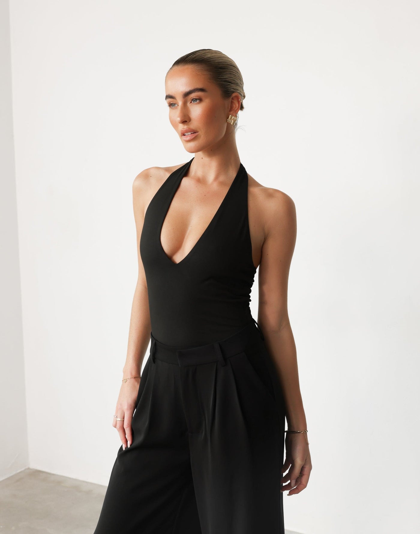 Tara Top (Black) | CHARCOAL Exclusive - V-neck Halter Neck Bodycon Jersey Top - Women's Top - Charcoal Clothing