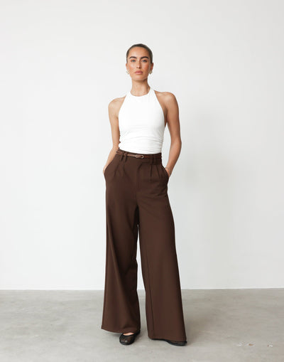 Ramona Pants (Cocoa) | CHARCOAL Exclusive - High Waisted Wide Leg Double Belt Loop Detail Pant - Women's Pants - Charcoal Clothing