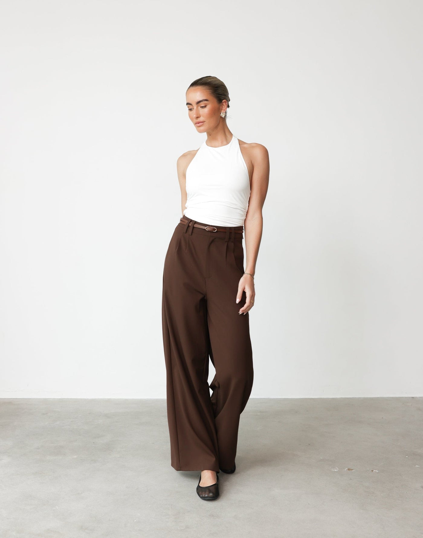 Ramona Pants (Cocoa) | CHARCOAL Exclusive - High Waisted Wide Leg Double Belt Loop Detail Pant - Women's Pants - Charcoal Clothing