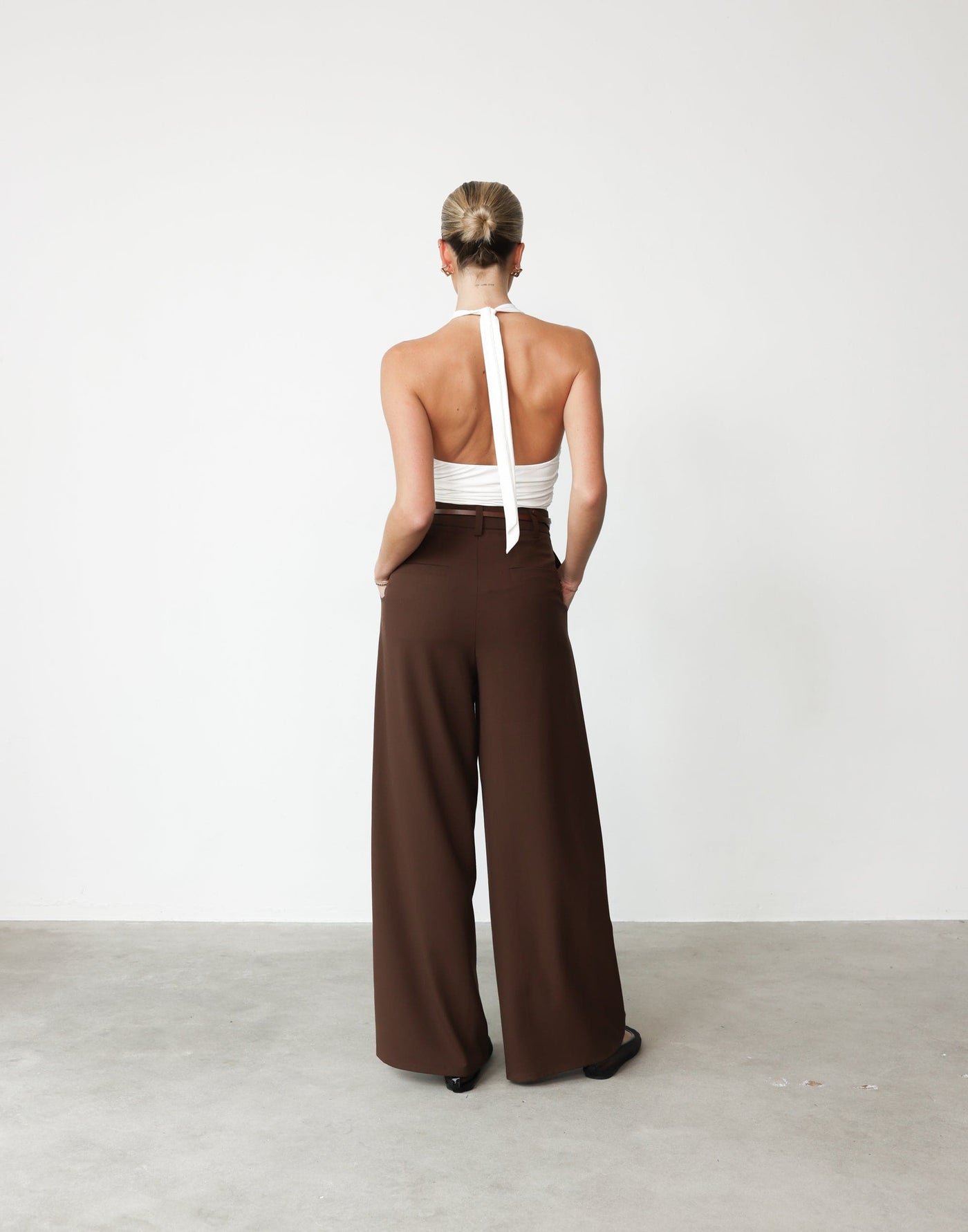 Ramona Pants (Cocoa) | CHARCOAL Exclusive - High Waisted Wide Leg Double Belt Loop Detail Pant - Women's Pants - Charcoal Clothing