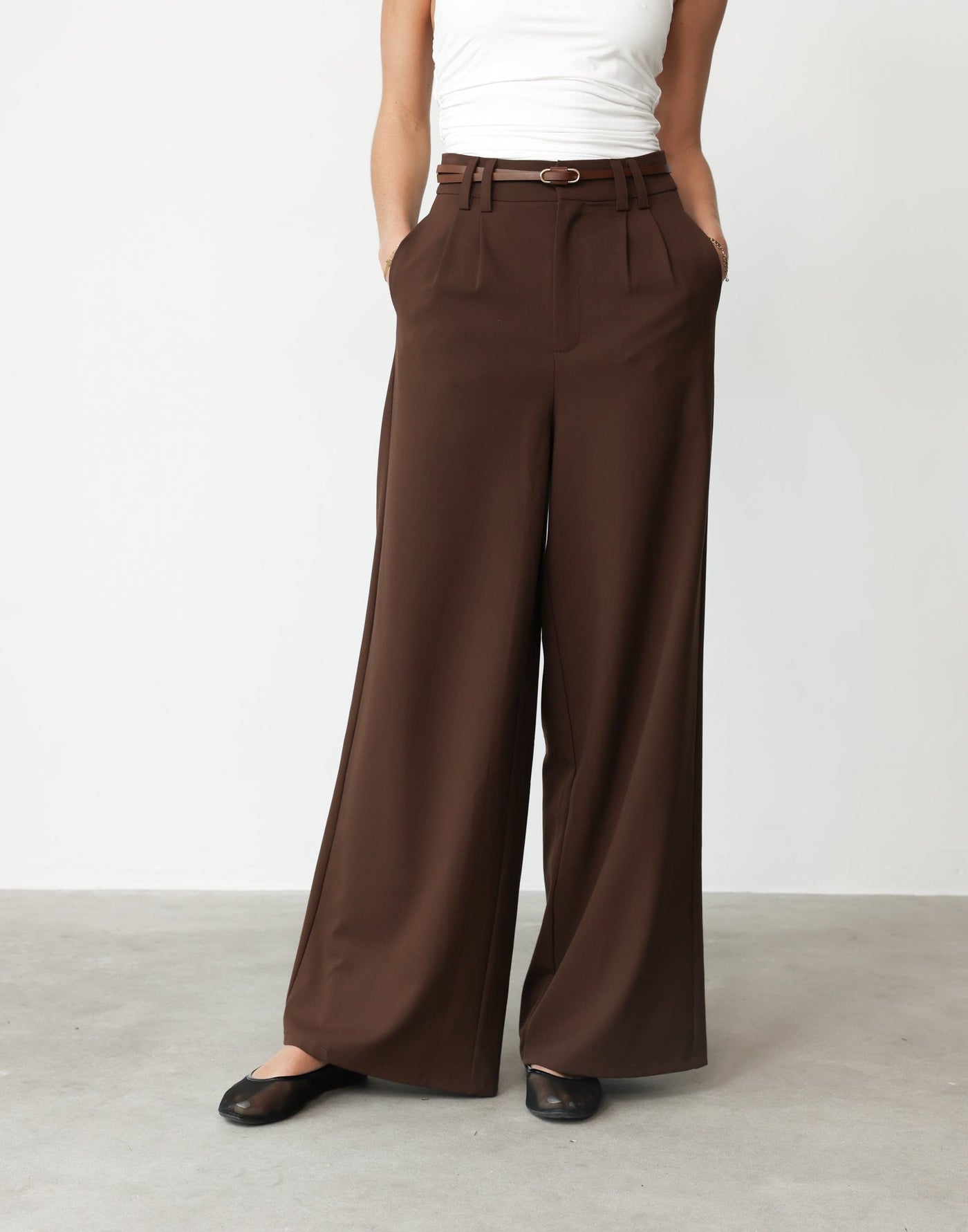 Ramona Pants (Cocoa) | CHARCOAL Exclusive - High Waisted Wide Leg Double Belt Loop Detail Pant - Women's Pants - Charcoal Clothing