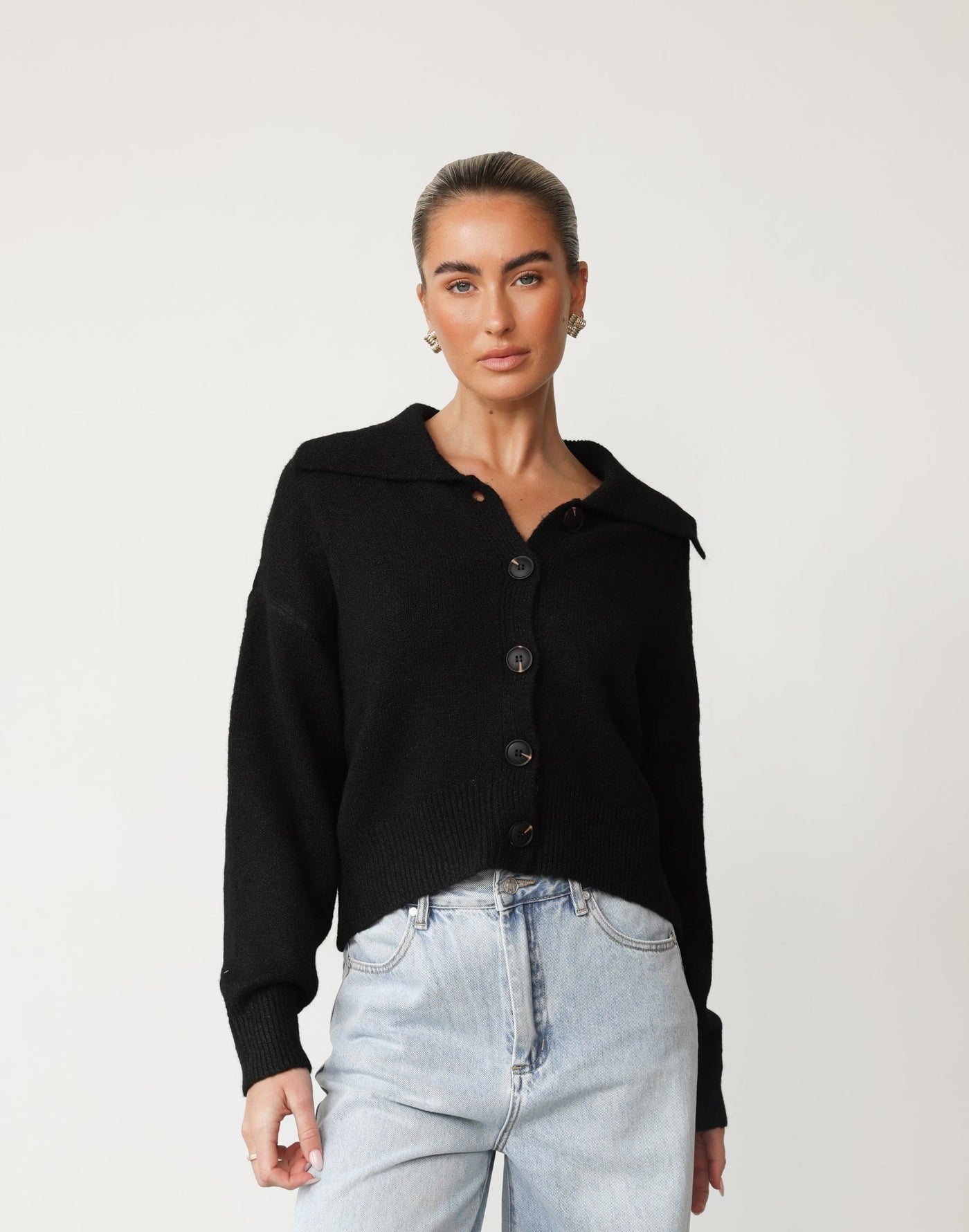 Keeley Knit Cardigan (Black) - Collared Neckline Button Closure Ribbed Hemline Cardigan - Women's Outerwear - Charcoal Clothing