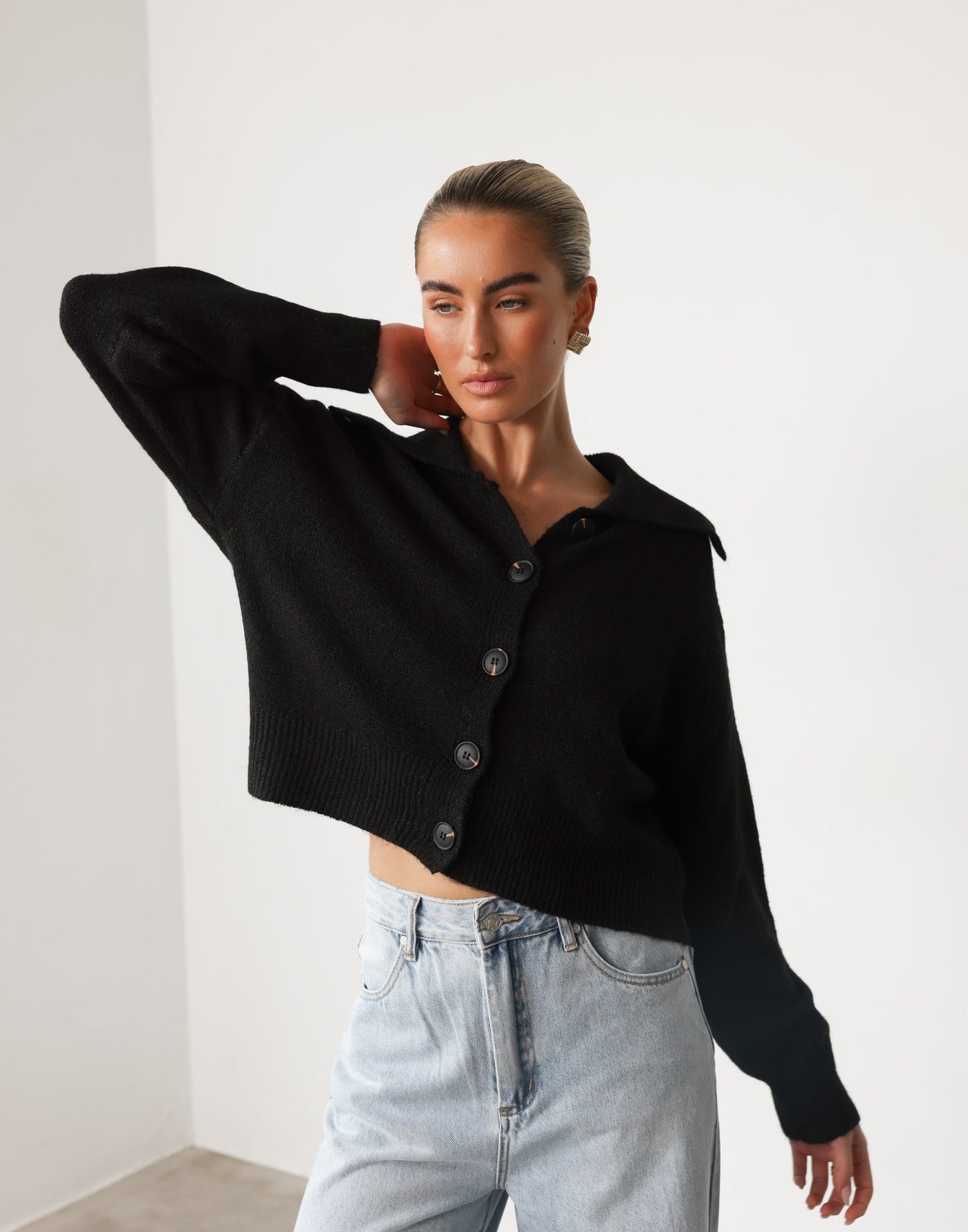 Keeley Knit Cardigan (Black) - Collared Neckline Button Closure Ribbed Hemline Cardigan - Women's Outerwear - Charcoal Clothing