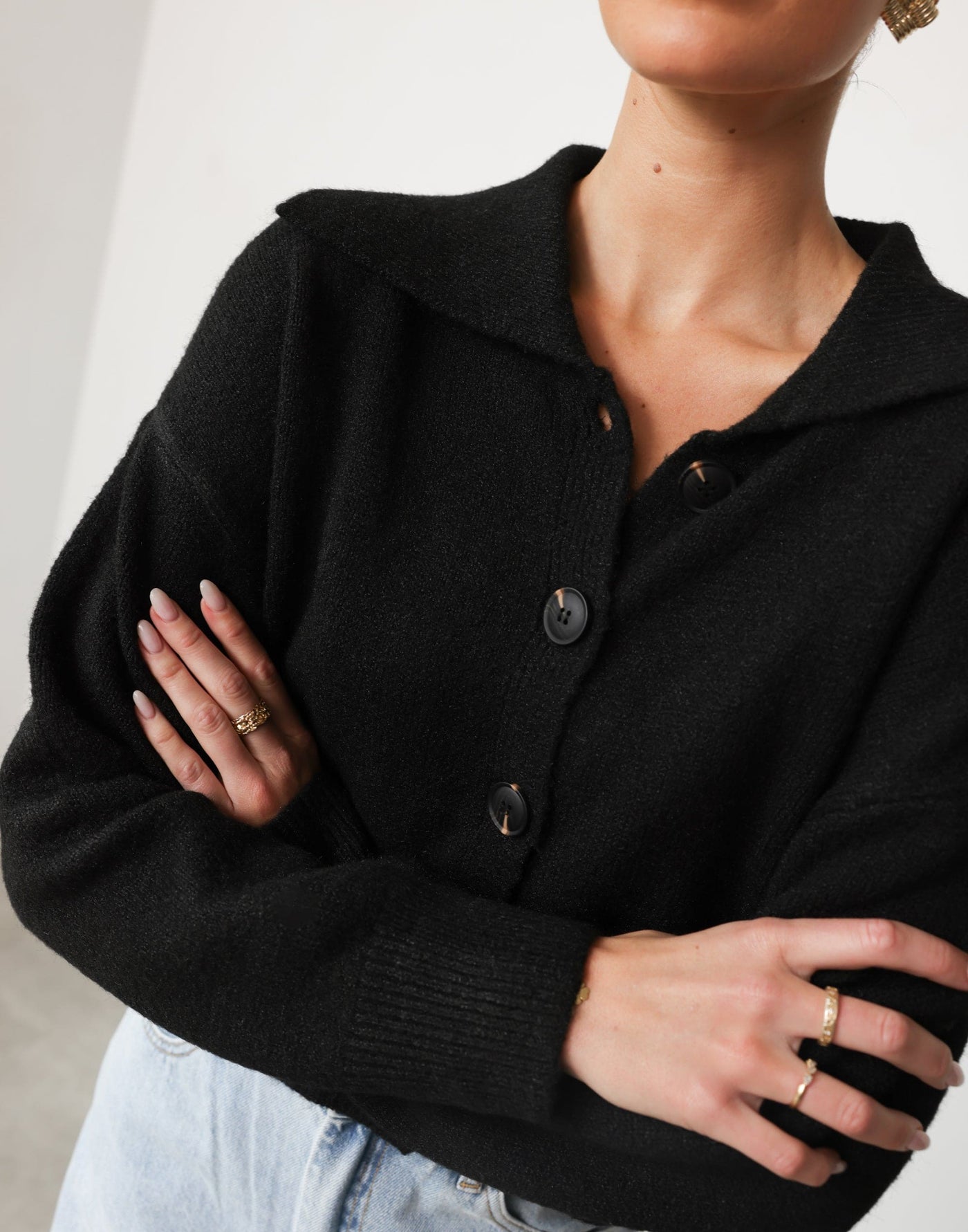 Keeley Knit Cardigan (Black) - Collared Neckline Button Closure Ribbed Hemline Cardigan - Women's Outerwear - Charcoal Clothing