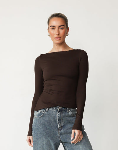 Amanda Long Sleeve Top (Chocolate) | CHARCOAL Exclusive - Asymmetrical Hemline Bodycon Jersey Top - Women's Top - Charcoal Clothing