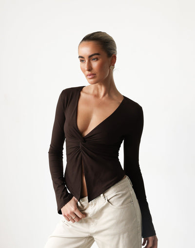 Althea Long Sleeve Top (Chocolate) | CHARCOAL Exclusive - V-neck Twist Knot Top - Women's Top - Charcoal Clothing