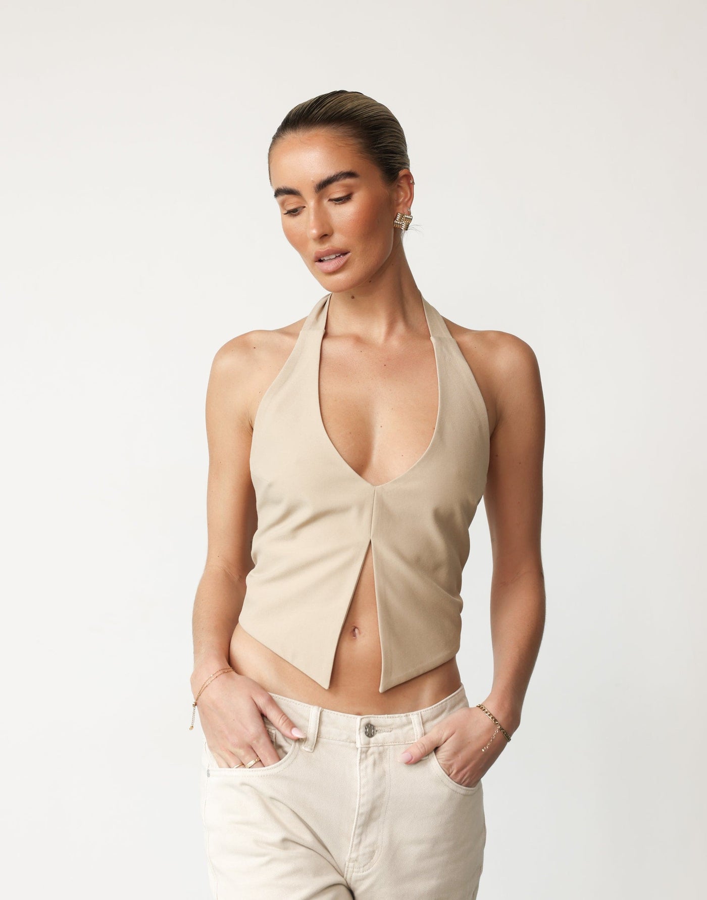 Kailani Top (Beige) - By Billini - V-Neck Open Front Backless Halter Top - Women's Top - Charcoal Clothing