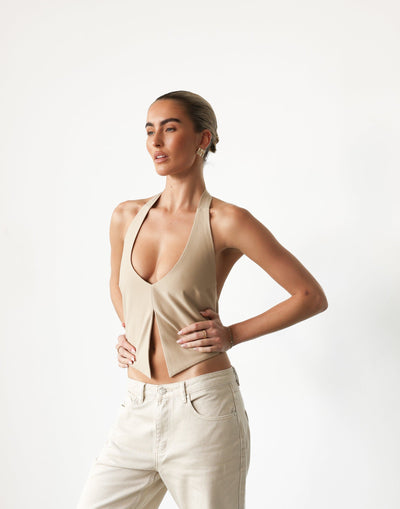 Kailani Top (Beige) - By Billini - V-Neck Open Front Backless Halter Top - Women's Top - Charcoal Clothing