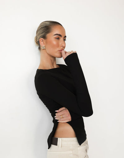 Amanda Long Sleeve Top (Black) | CHARCOAL Exclusive - Asymmetrical Hemline Bodycon Jersey Top - Women's Top - Charcoal Clothing