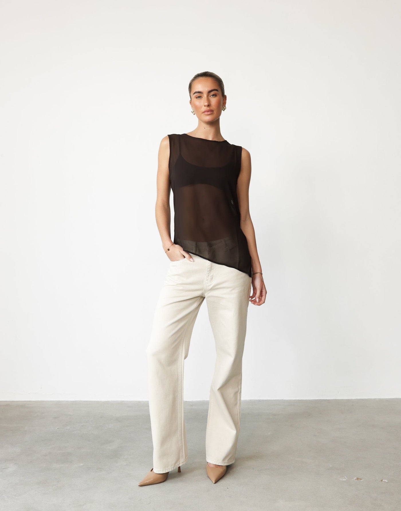 Angelo Top (Chocolate) | CHARCOAL Exclusive - Sheer Asymmetrical Hem Top - Women's Top - Charcoal Clothing