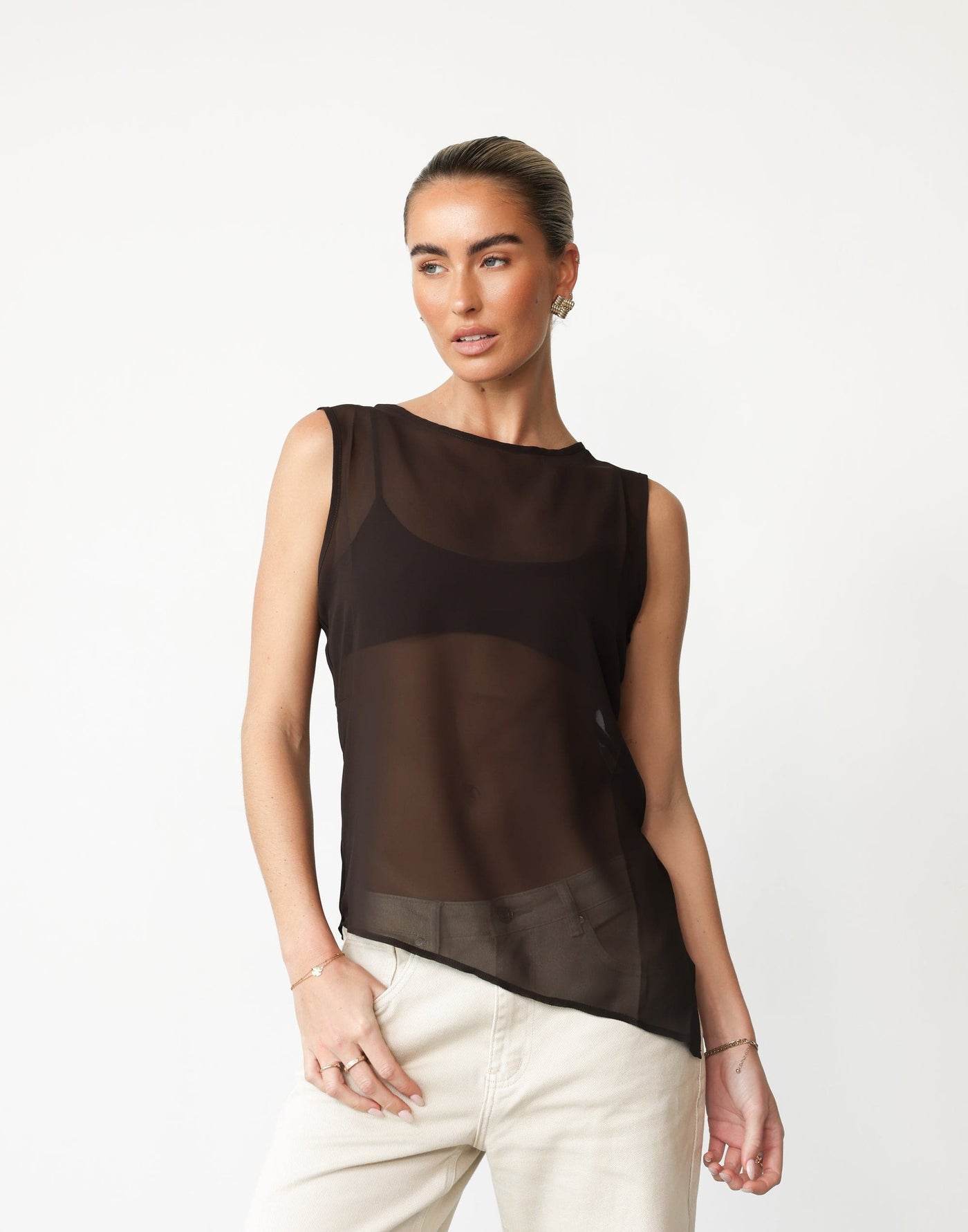 Angelo Top (Chocolate) | CHARCOAL Exclusive - Sheer Asymmetrical Hem Top - Women's Top - Charcoal Clothing