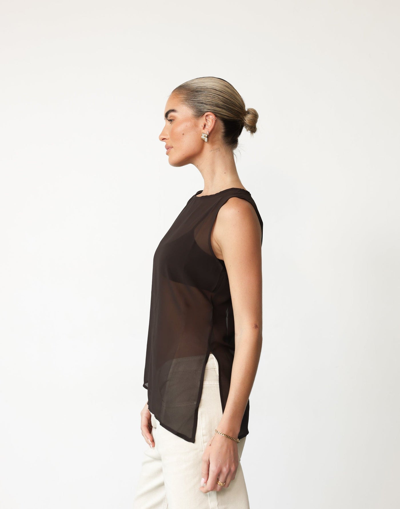 Angelo Top (Chocolate) | CHARCOAL Exclusive - Sheer Asymmetrical Hem Top - Women's Top - Charcoal Clothing