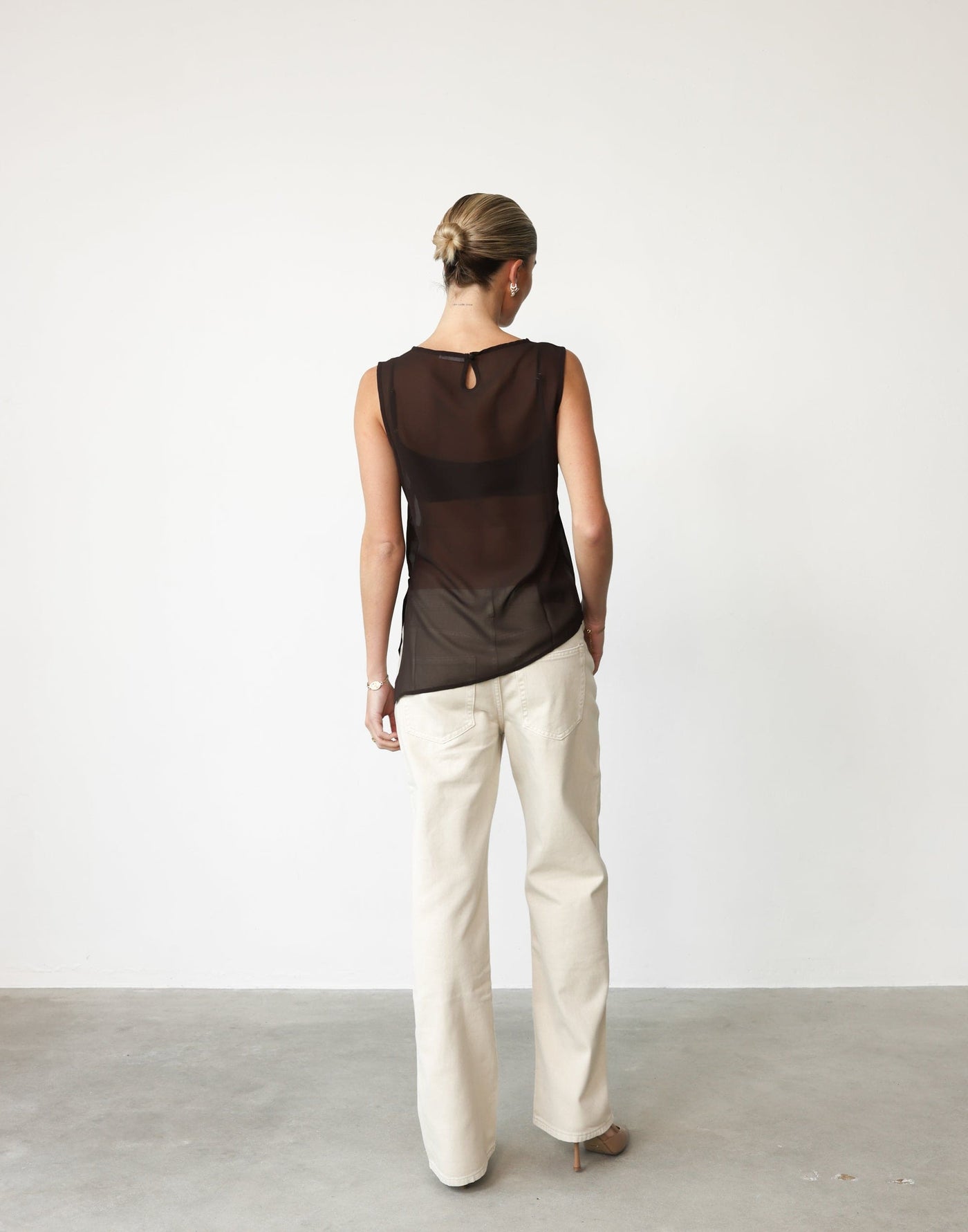 Angelo Top (Chocolate) | CHARCOAL Exclusive - Sheer Asymmetrical Hem Top - Women's Top - Charcoal Clothing