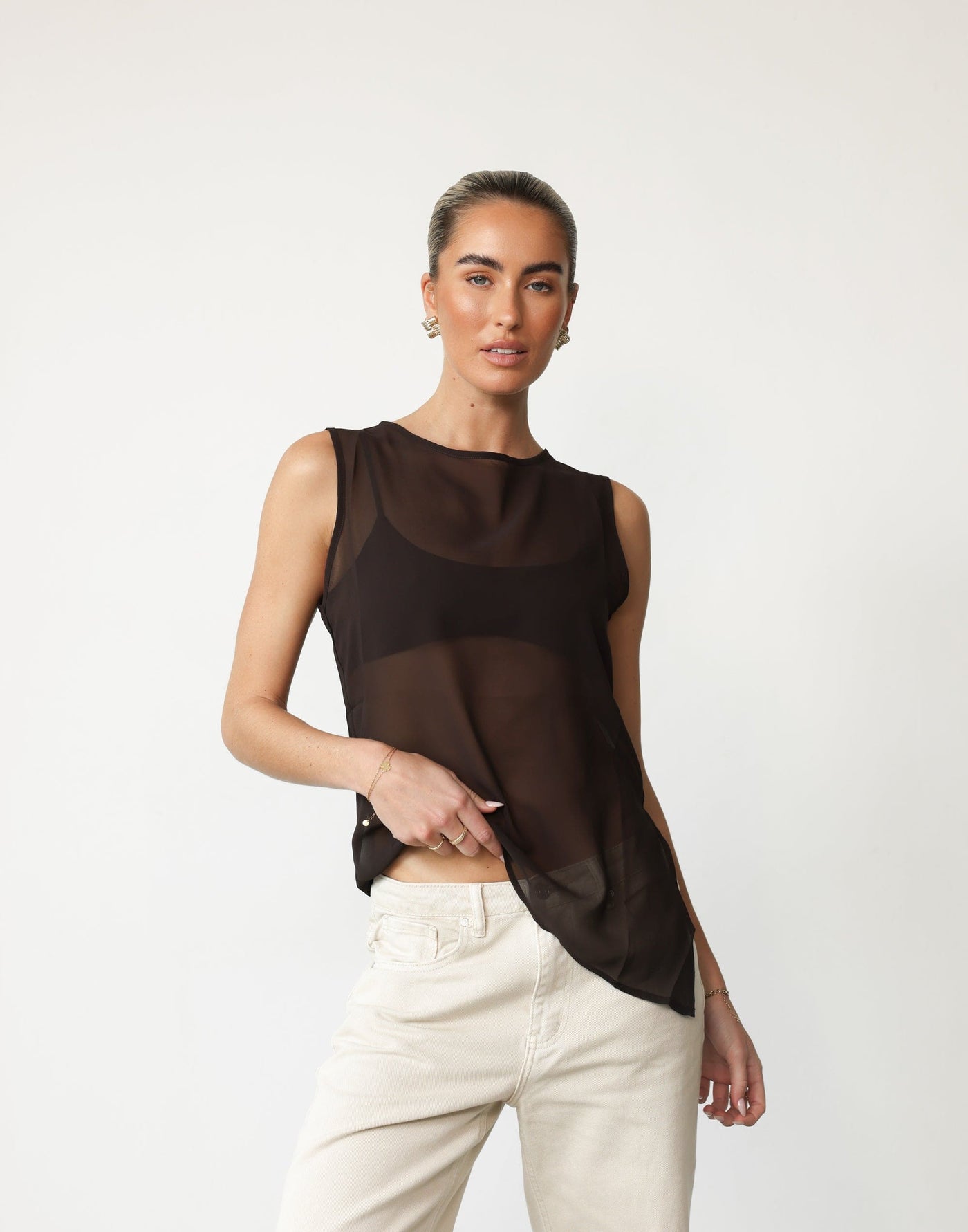 Angelo Top (Chocolate) | CHARCOAL Exclusive - Sheer Asymmetrical Hem Top - Women's Top - Charcoal Clothing