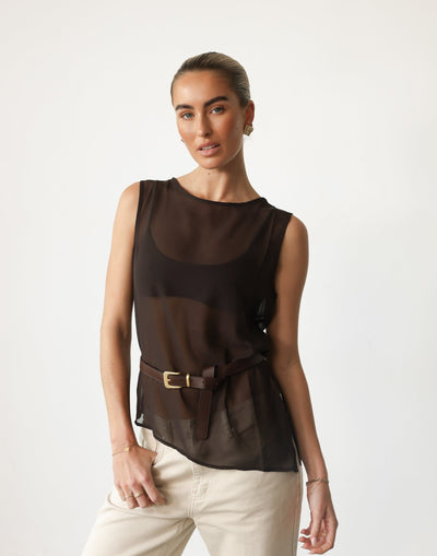 Angelo Top (Chocolate) | CHARCOAL Exclusive - Sheer Asymmetrical Hem Top - Women's Top - Charcoal Clothing