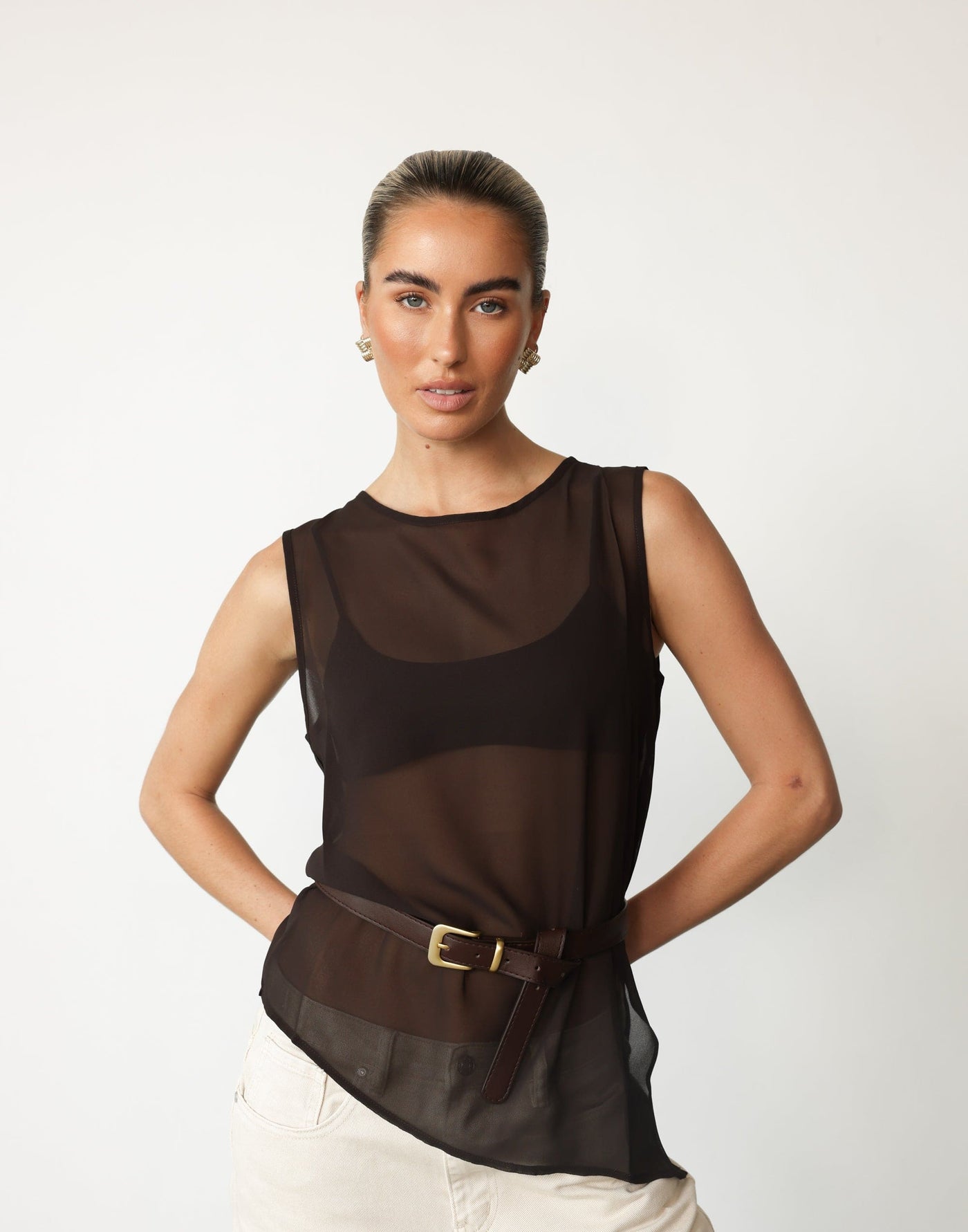 Angelo Top (Chocolate) | CHARCOAL Exclusive - Sheer Asymmetrical Hem Top - Women's Top - Charcoal Clothing