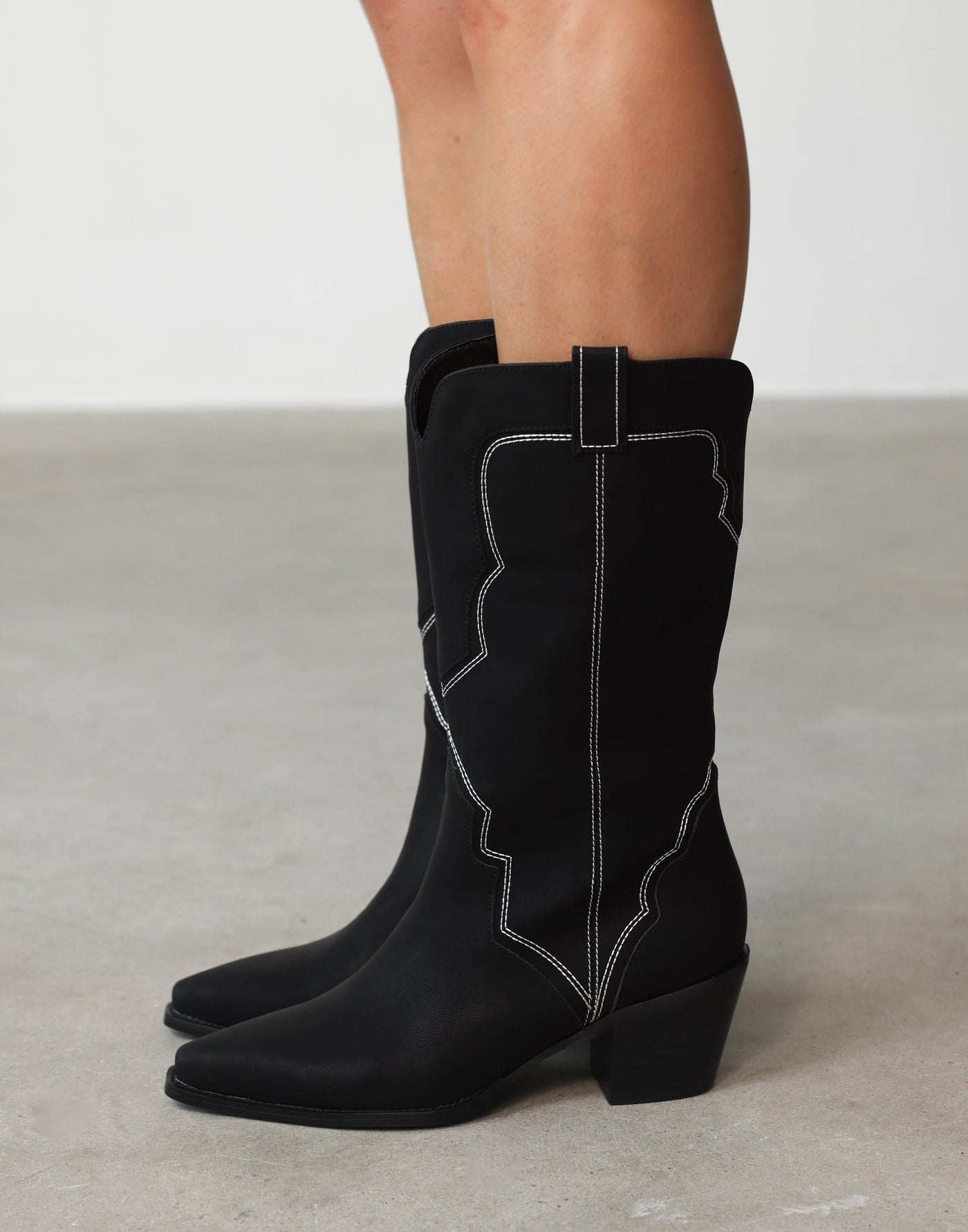 Dariel Cowboy Boots (Black Nubuck) - By Billini -Stacked Block Heel Embroidered Cowboy Boot - Women's Shoes - Charcoal Clothing