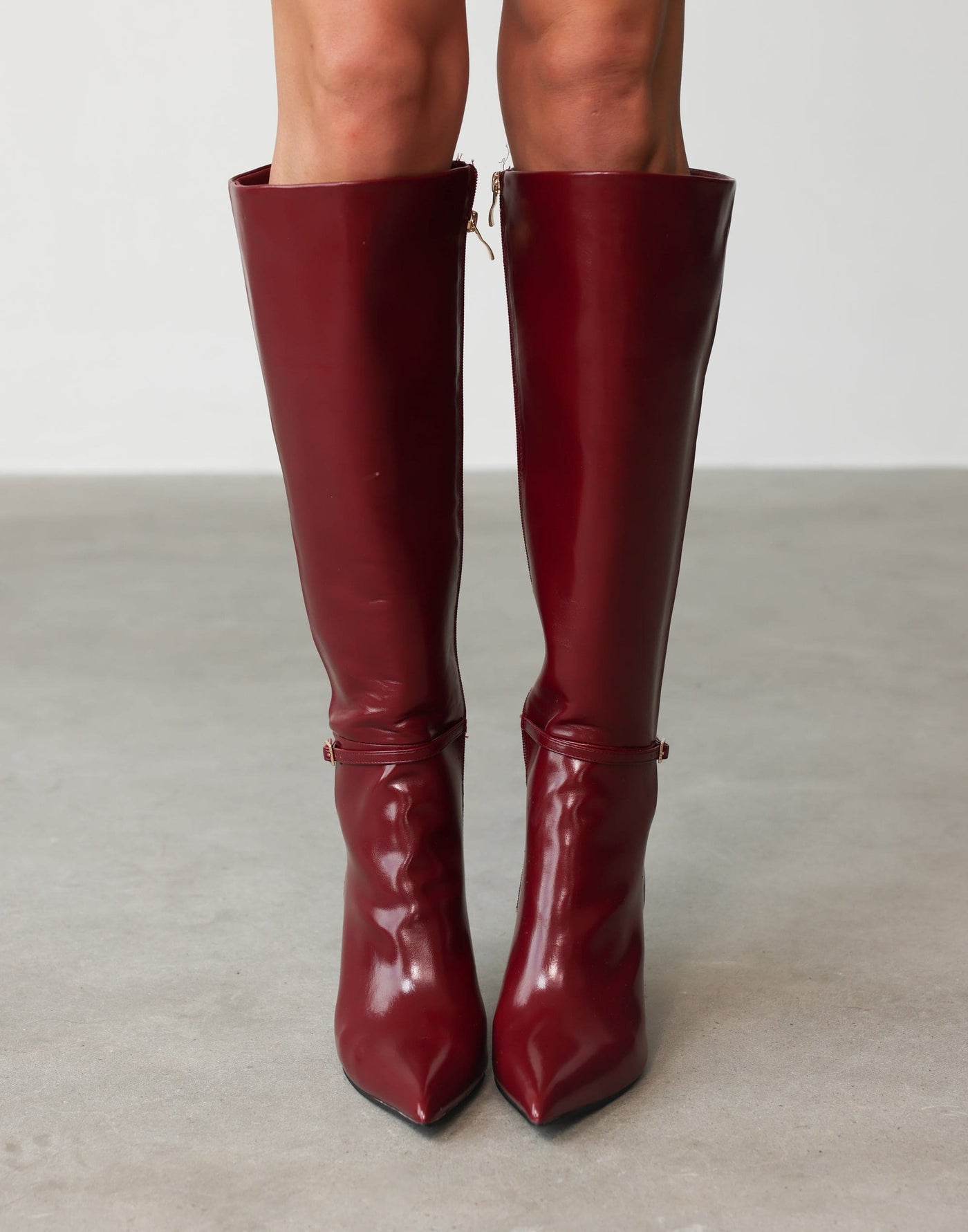 Violetta Knee High Boots (Cherry Texture) - By Billini - Pointed Toe Strap Detail Boots - Women's Shoes - Charcoal Clothing