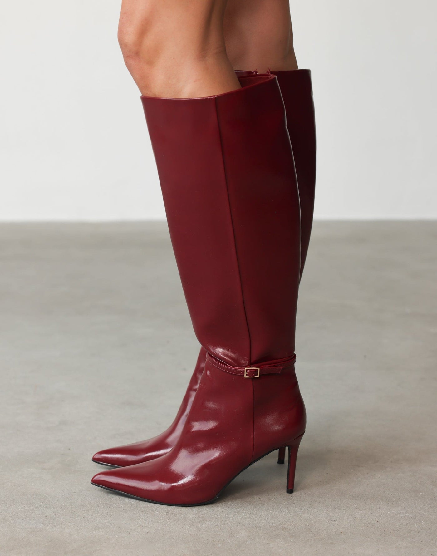 Violetta Knee High Boots (Cherry Texture) - By Billini - Pointed Toe Strap Detail Boots - Women's Shoes - Charcoal Clothing