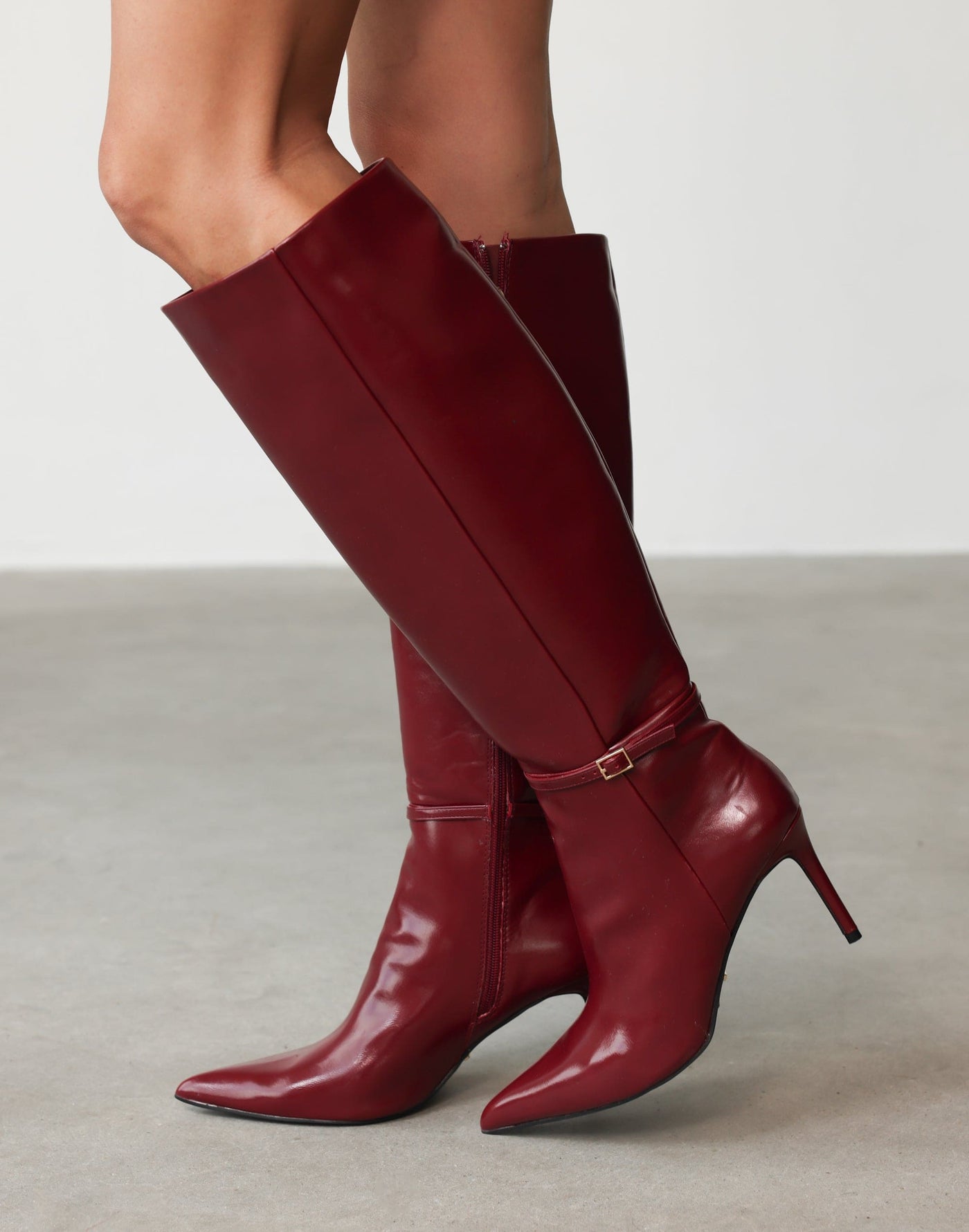 Violetta Knee High Boots (Cherry Texture) - By Billini - Pointed Toe Strap Detail Boots - Women's Shoes - Charcoal Clothing