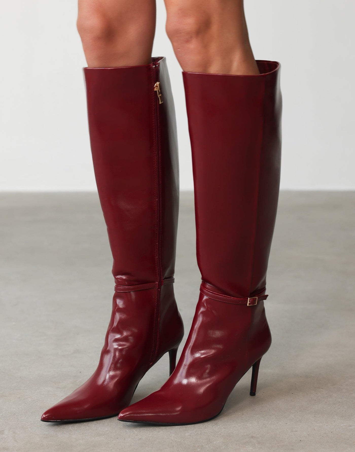 Violetta Knee High Boots (Cherry Texture) - By Billini - Pointed Toe Strap Detail Boots - Women's Shoes - Charcoal Clothing