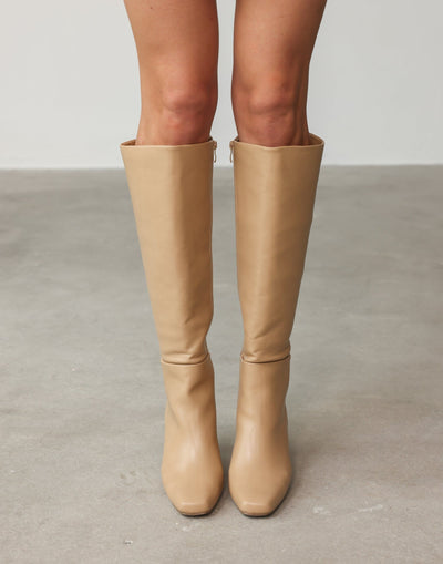 Orena Knee High Boots (Light Camel) - By Billini - Rounded Square Toe Cap Long Boot - Women's Shoes - Charcoal Clothing