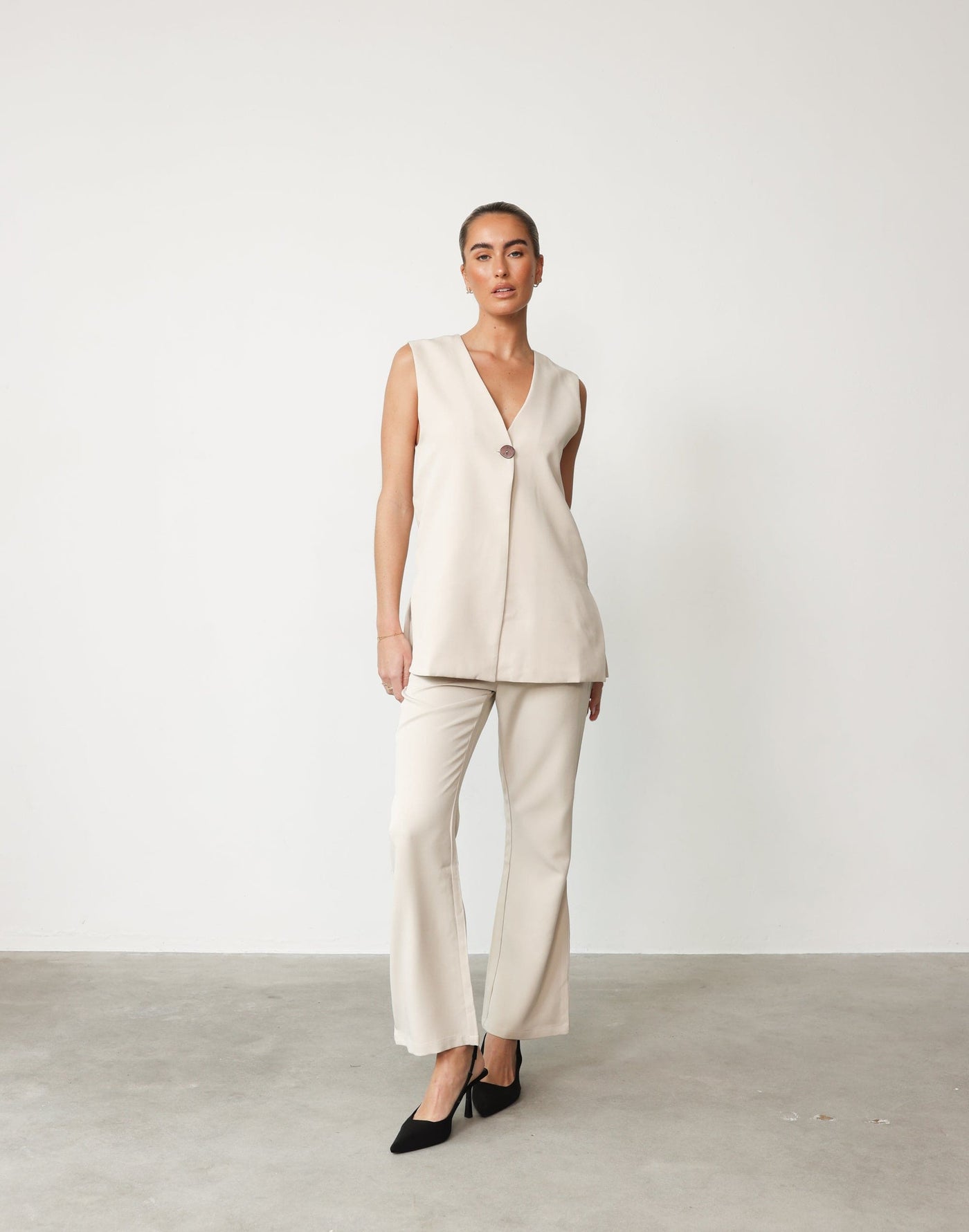 Montemayor Pants (Beige) - High Waisted Slightly Flared Dress Pants - Women's Bottoms - Charcoal Clothing