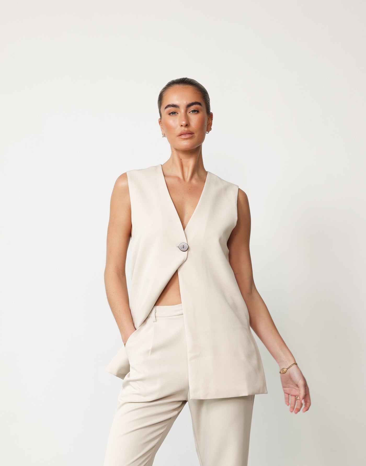 Montemayor Top (Beige) - V-Neck Vest Style Longline Top - Women's Top - Charcoal Clothing