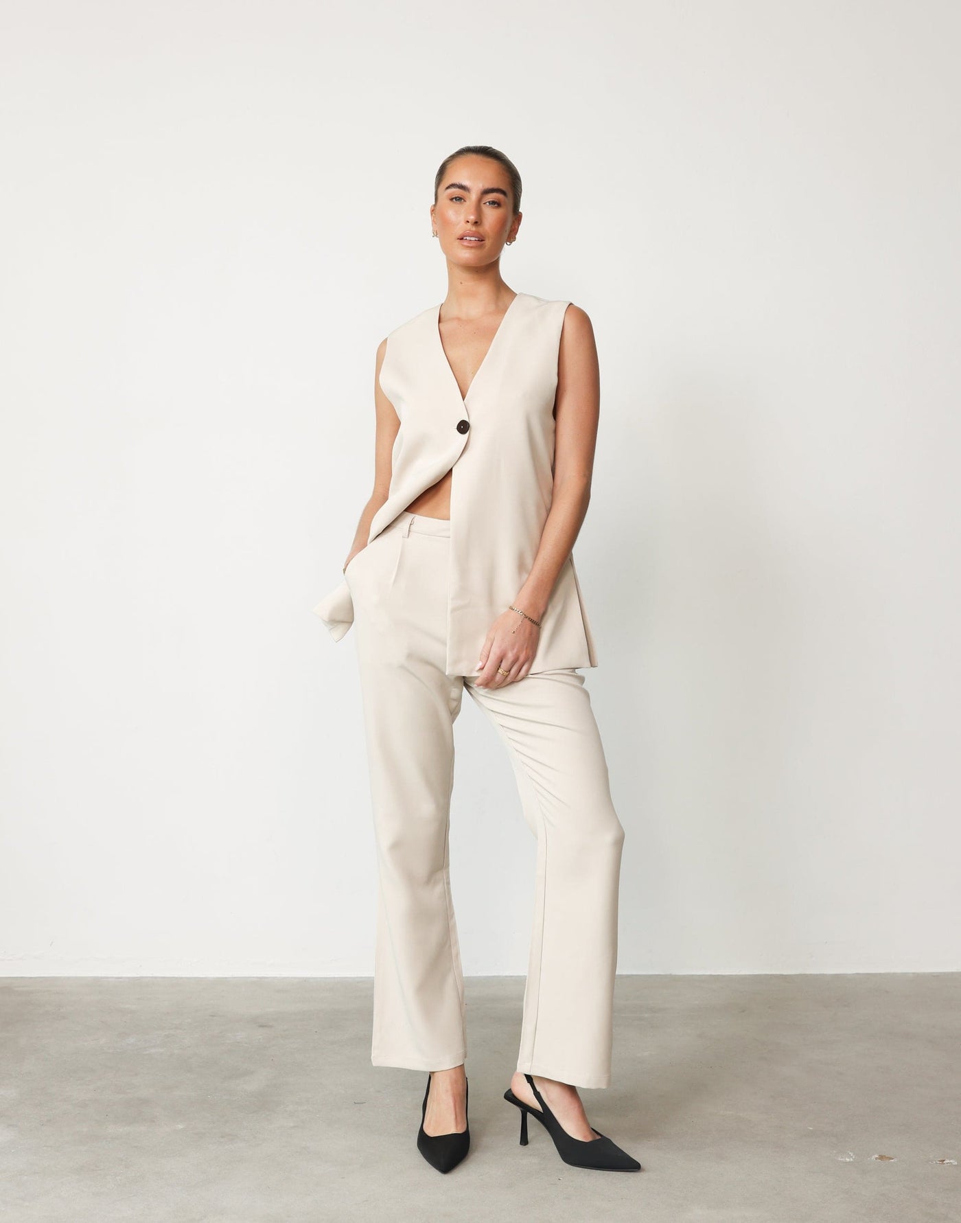 Montemayor Pants (Beige) - High Waisted Slightly Flared Dress Pants - Women's Bottoms - Charcoal Clothing