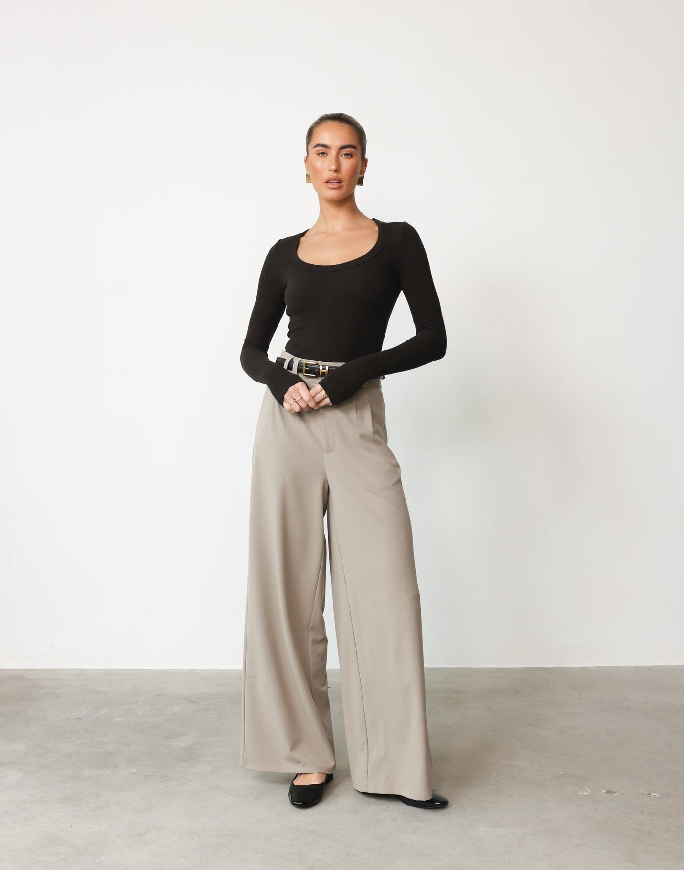 Ramona Pants (Ash) | CHARCOAL Exclusive - High Waisted Wide Leg Double Belt Loop Detail Pant - Women's Pants - Charcoal Clothing