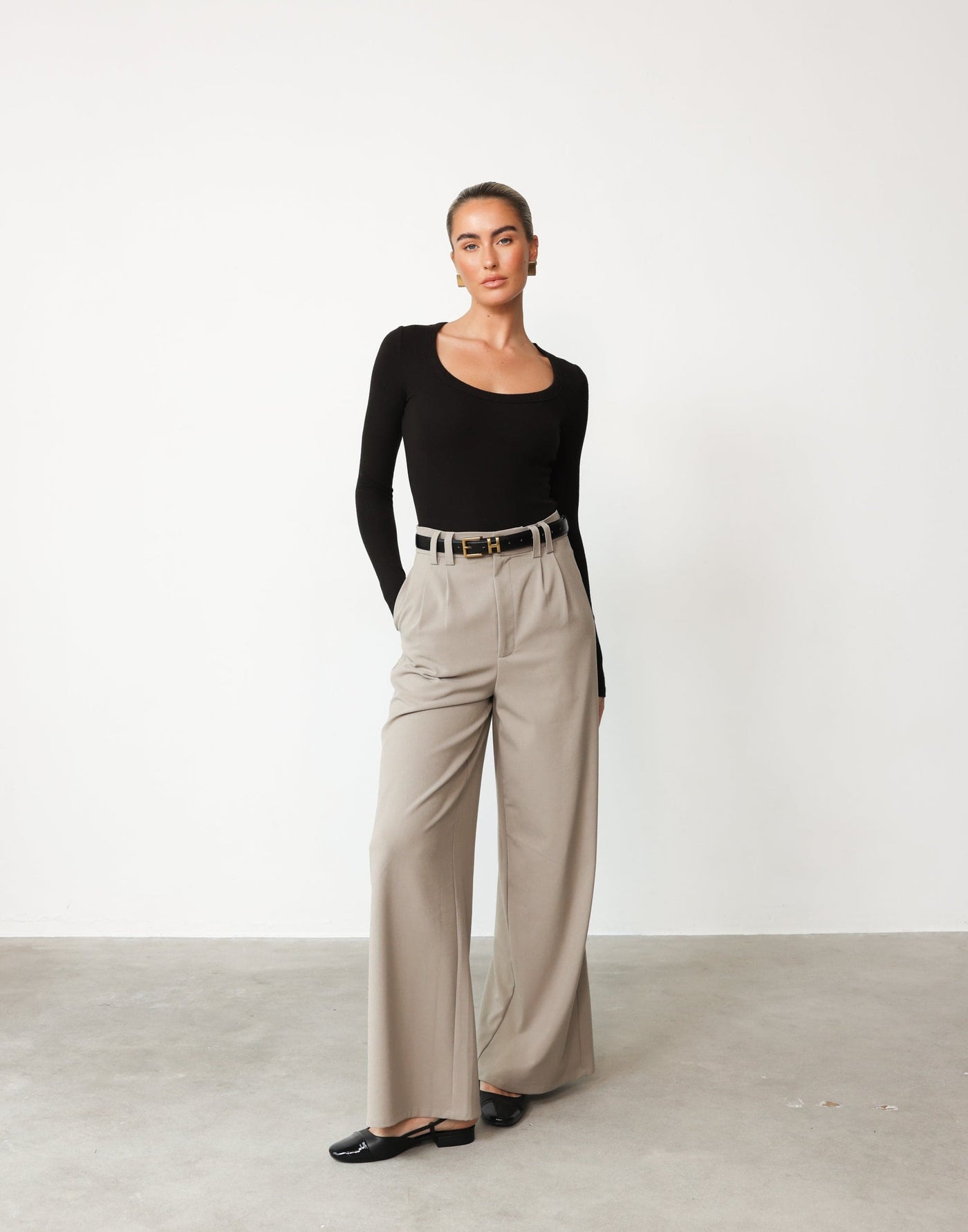 Ramona Pants (Ash) | CHARCOAL Exclusive - High Waisted Wide Leg Double Belt Loop Detail Pant - Women's Pants - Charcoal Clothing