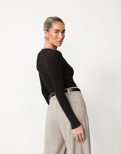 Kathleen Long Sleeve Top (Black) | CHARCOAL Exclusive - Soft Ribbed Rounded Neckline Top - Women's Top - Charcoal Clothing