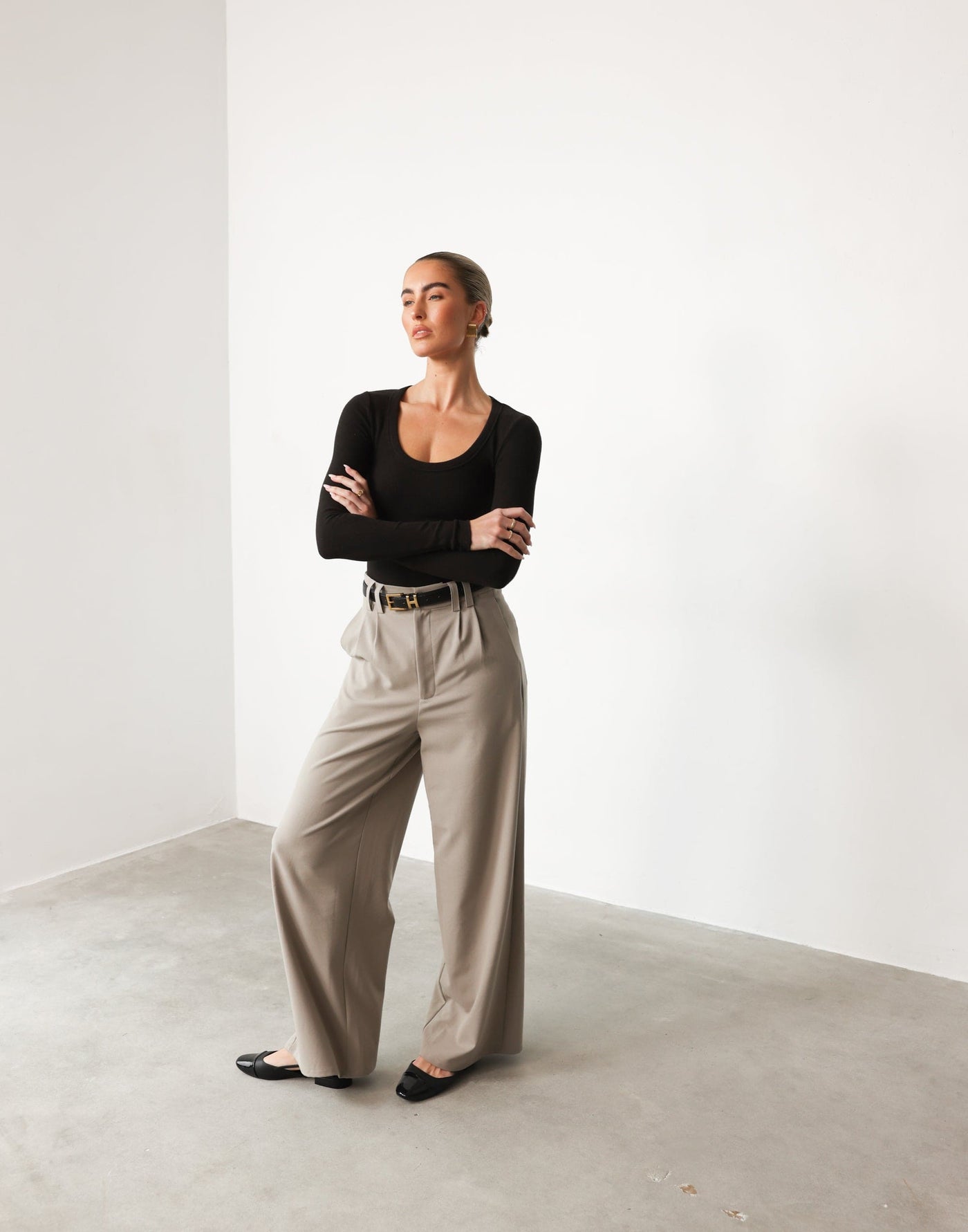 Ramona Pants (Ash) | CHARCOAL Exclusive - High Waisted Wide Leg Double Belt Loop Detail Pant - Women's Pants - Charcoal Clothing