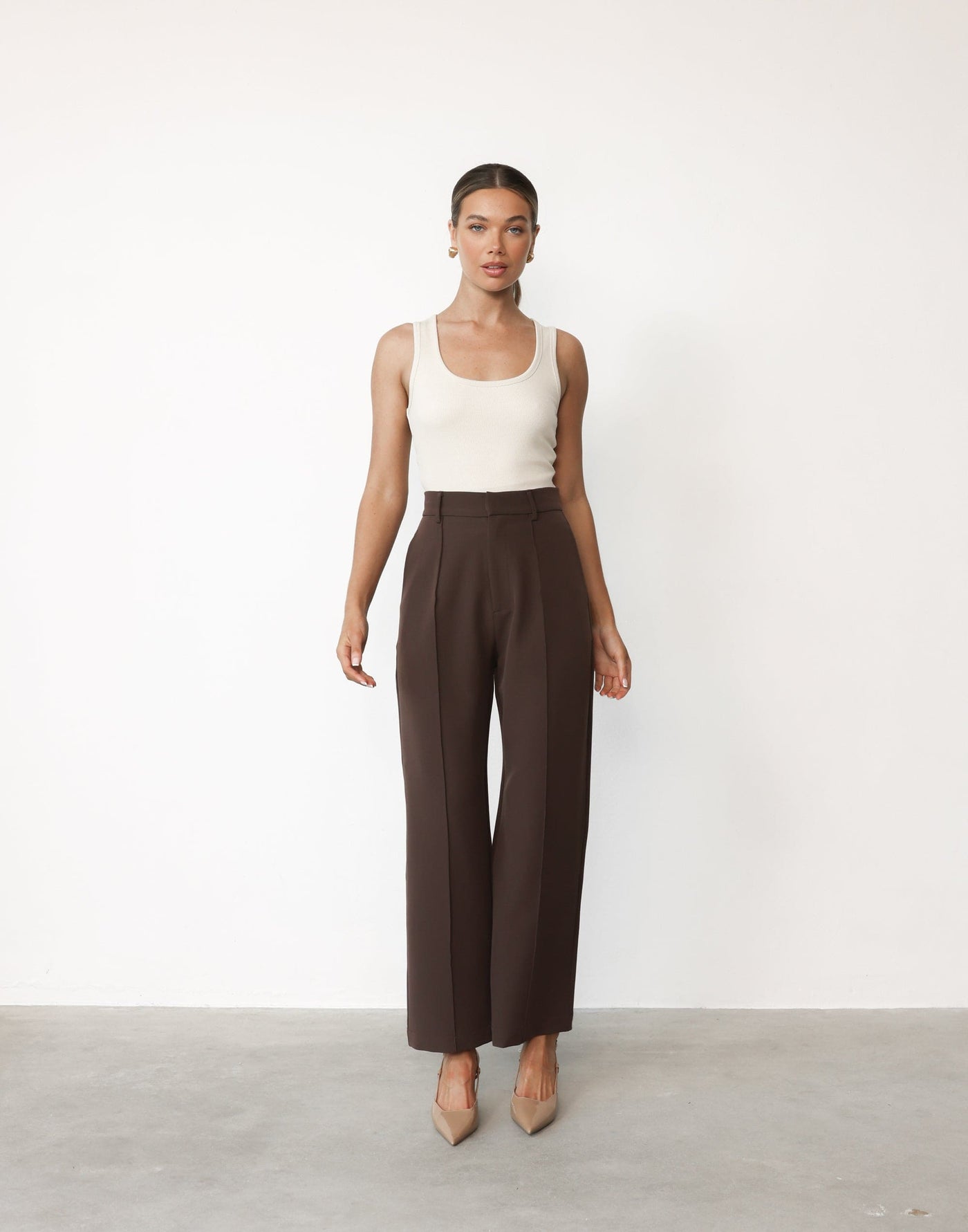 Colden Pants (Chocolate) - Petite | CHARCOAL Exclusive - High Waisted Pleated Detail Pant - Women's Pants - Charcoal Clothing