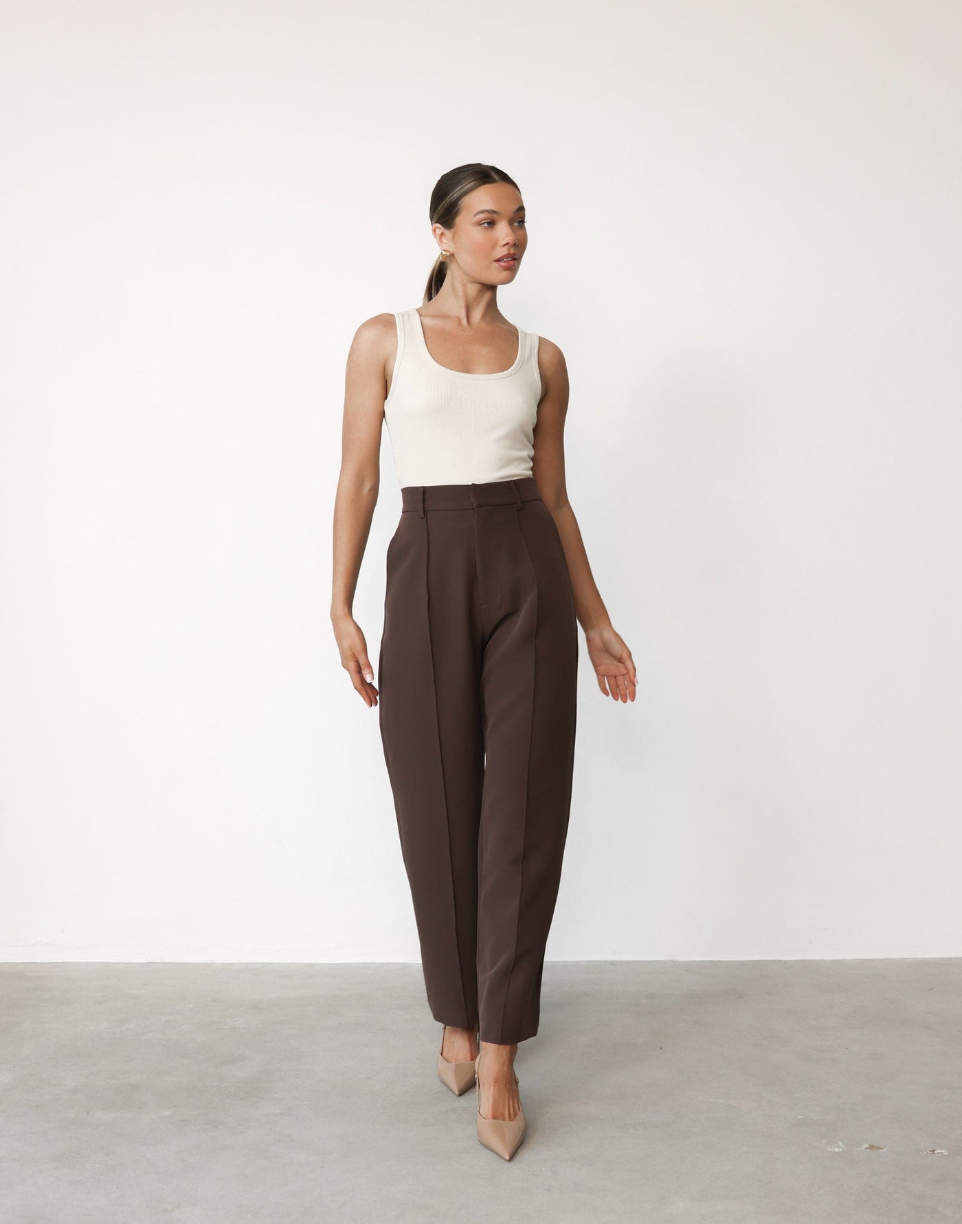 Colden Pants (Chocolate) - Petite | CHARCOAL Exclusive - High Waisted Pleated Detail Pant - Women's Pants - Charcoal Clothing