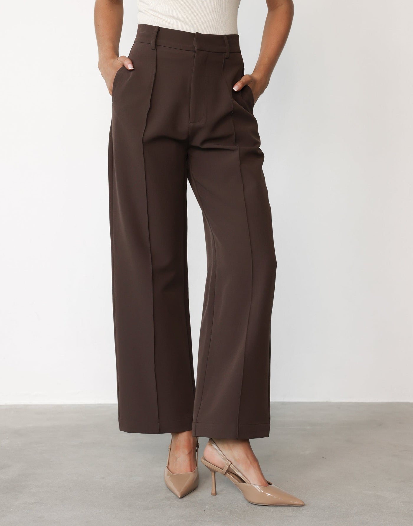 Colden Pants (Chocolate) - Petite | CHARCOAL Exclusive - High Waisted Pleated Detail Pant - Women's Pants - Charcoal Clothing