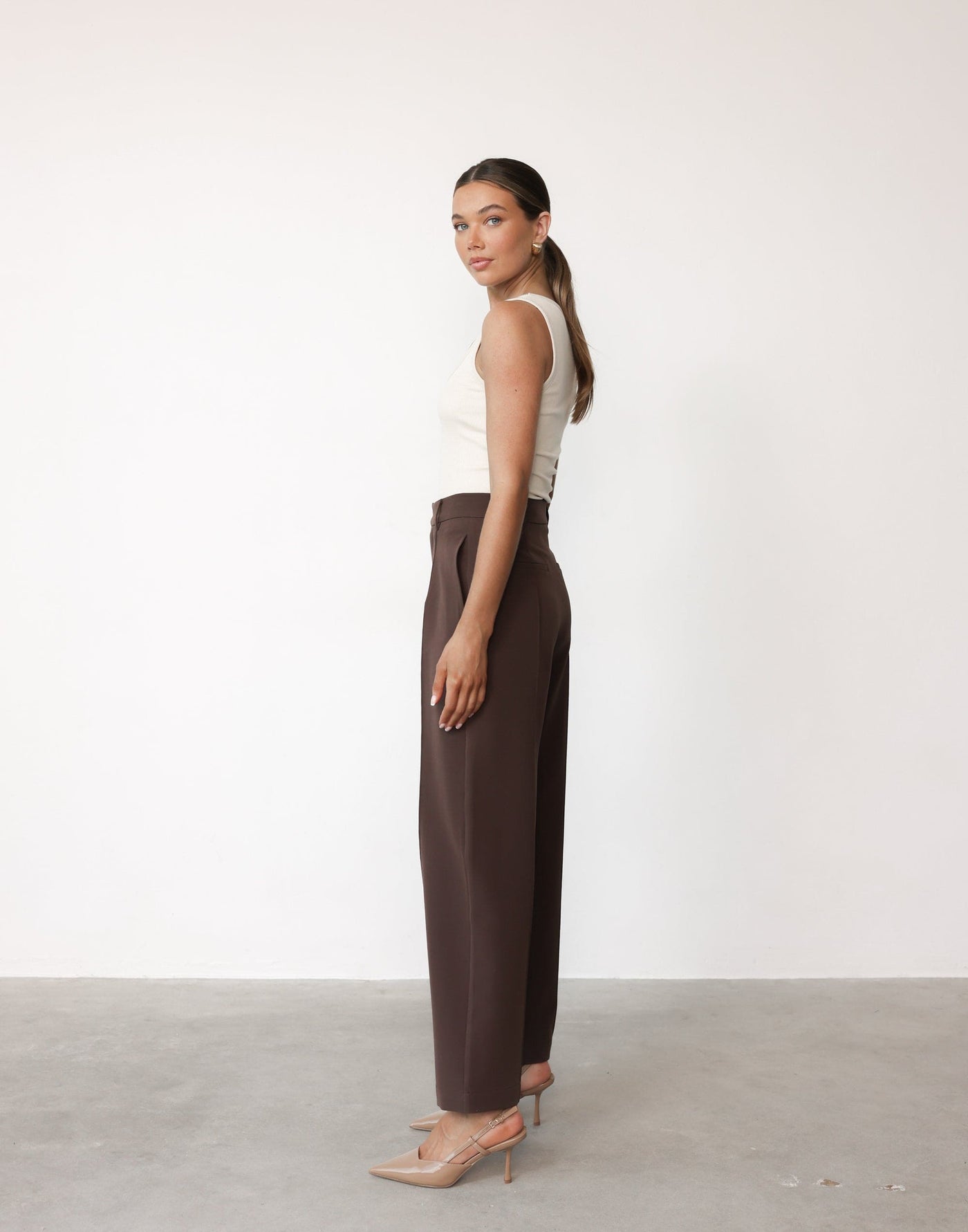 Colden Pants (Chocolate) - Petite | CHARCOAL Exclusive - High Waisted Pleated Detail Pant - Women's Pants - Charcoal Clothing