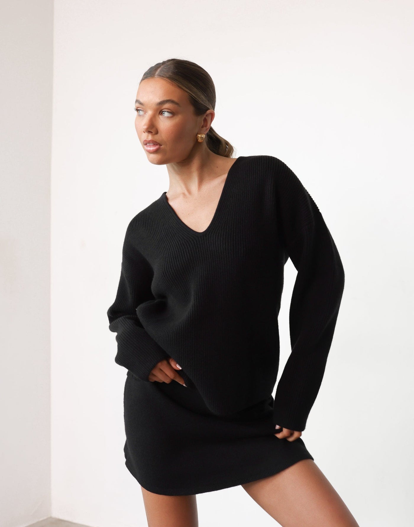 Vergara Jumper (Black) - V-Neckline Knit Oversized Jumper - Women's Top - Charcoal Clothing