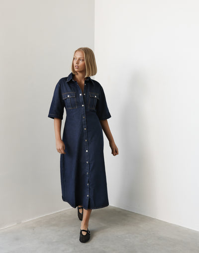 Hadid Maxi Dress (Dark Denim) - Button Closure Collared Neckline Denim Maxi Dress - Women's Dress - Charcoal Clothing