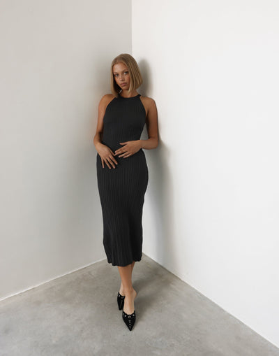 Vivian Maxi Dress (Black) - Ribbed High Rounded Neckline Maxi Dress - Women's Dress - Charcoal Clothing