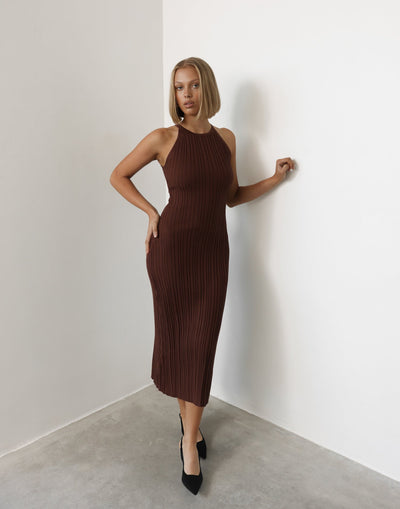 Vivian Maxi Dress (Cocoa) -Ribbed High Rounded Neckline Maxi Dress - Women's Dress - Charcoal Clothing