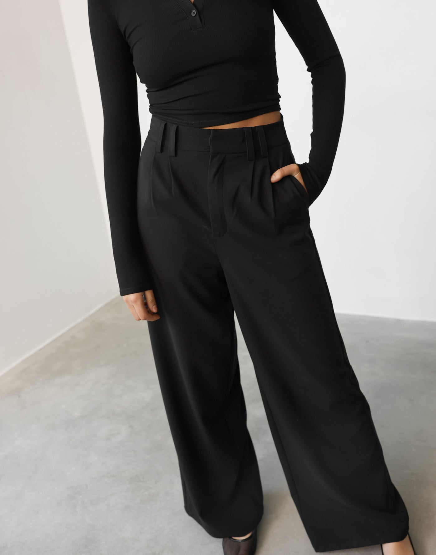 Ramona Pants (Black) | CHARCOAL Exclusive - High Rise Wide Leg Zipper and Button Closure - Women's Pants - Charcoal Clothing