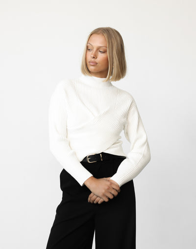 Naomie Jumper (White) - Crossover High Neck Knit Jumper - Women's Top - Charcoal Clothing