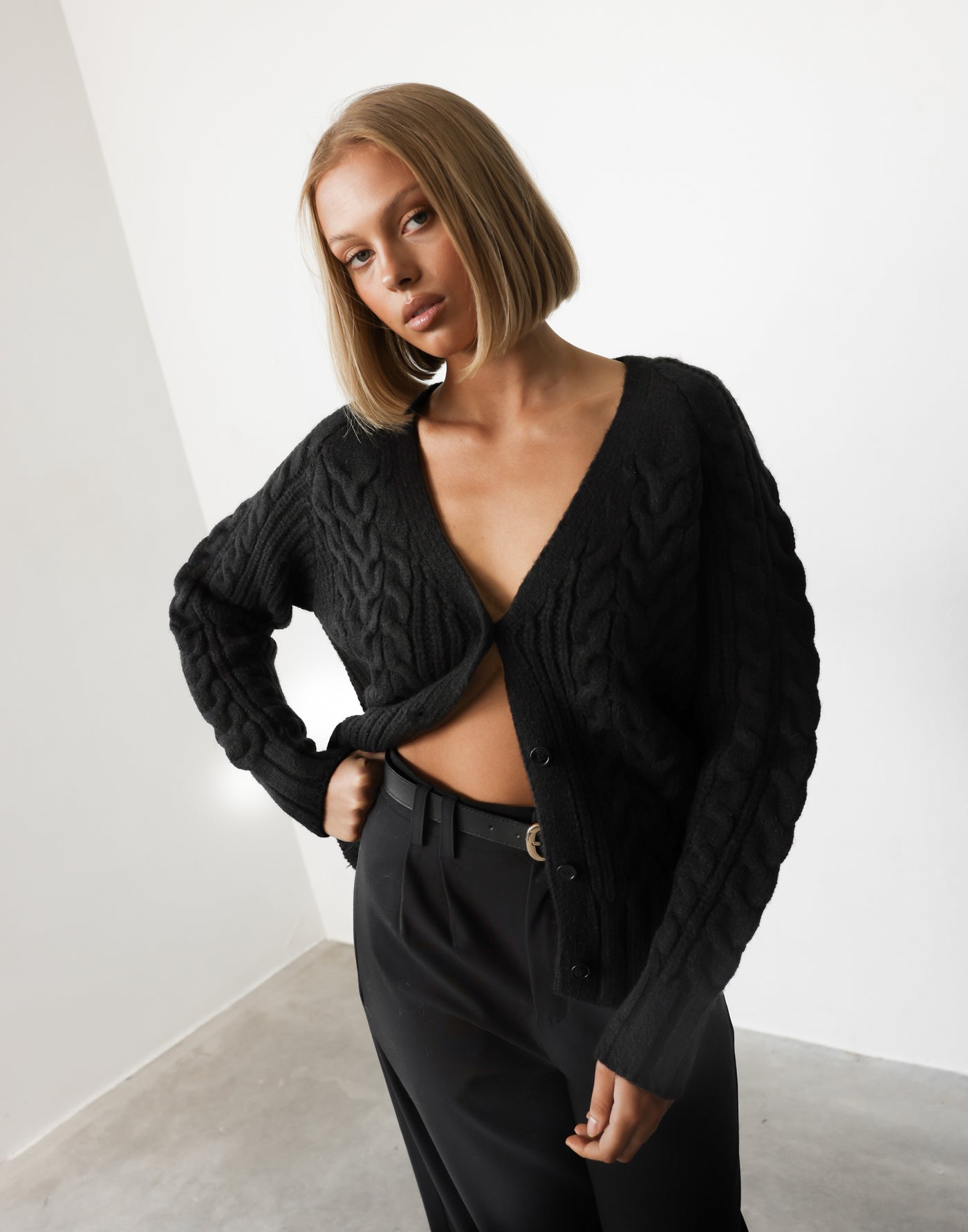 Bailey Cardigan (Black) - V-neck Ribbed Hemlines Knit Cardigan - Women's Outerwear - Charcoal Clothing