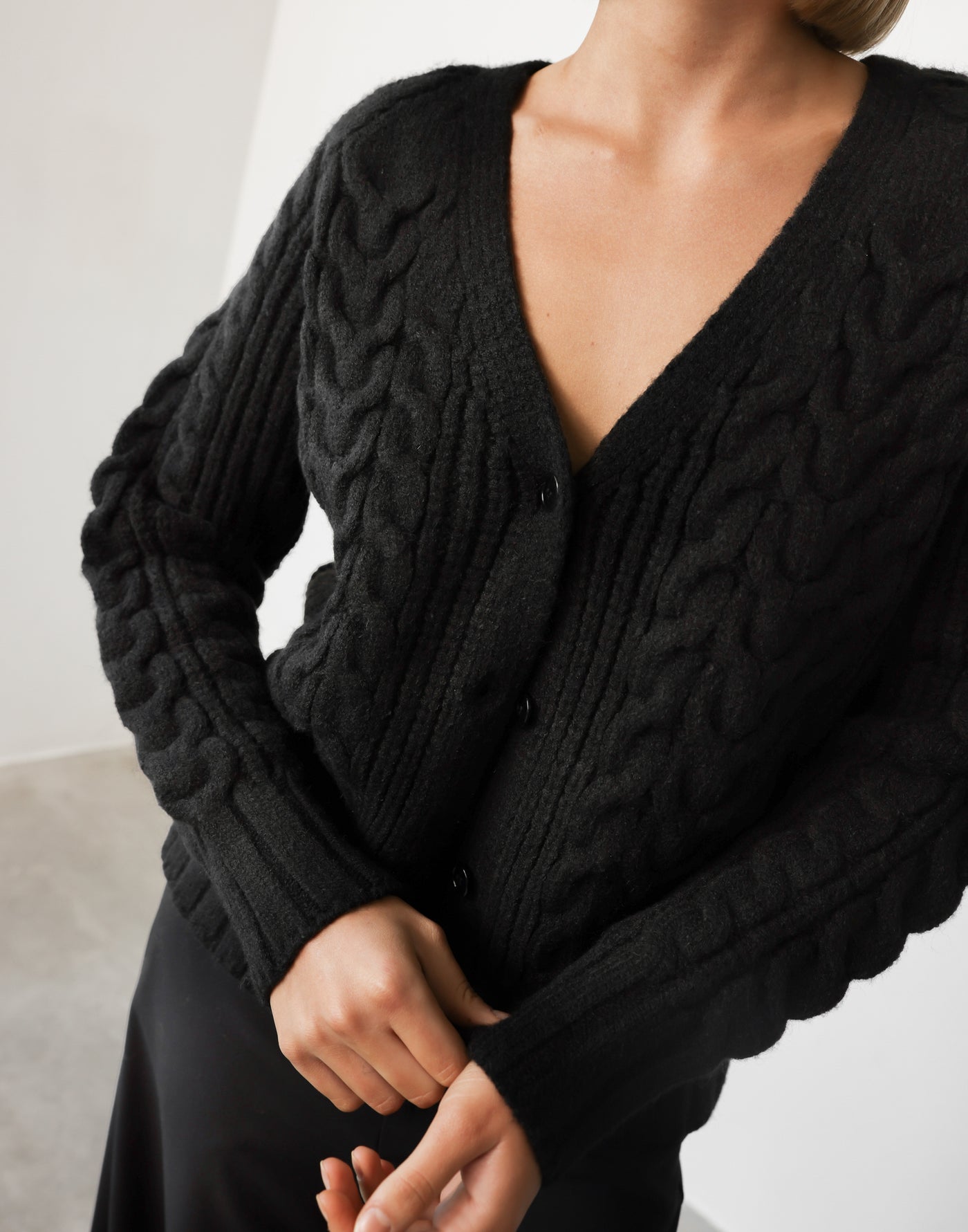 Bailey Cardigan (Black) - V-neck Ribbed Hemlines Knit Cardigan - Women's Outerwear - Charcoal Clothing