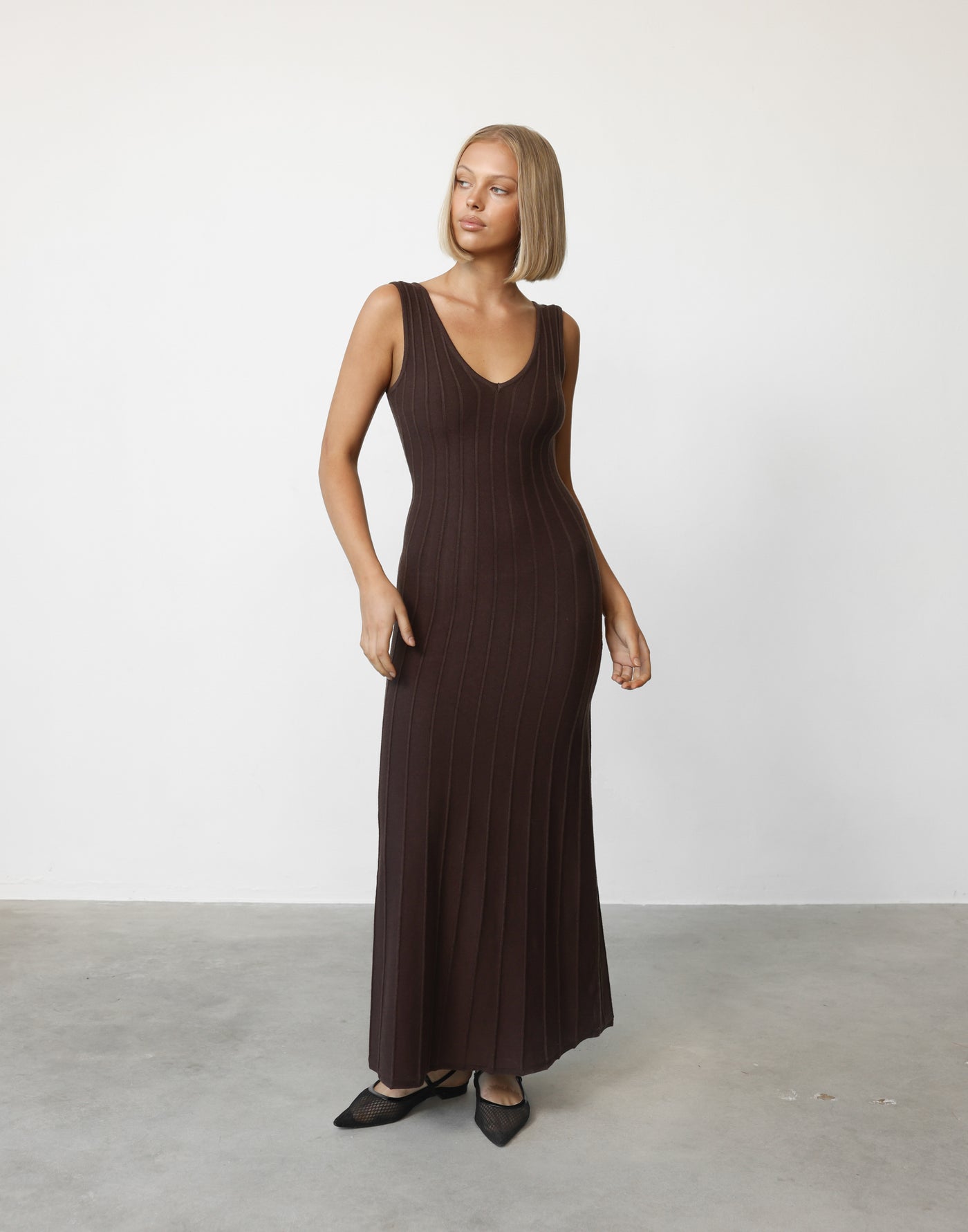 Aurelia Maxi Dress (Chocolate) | CHARCOAL Exclusive - Ribbed Scooped Back V-neck Front Maxi Dress - Women's Dress - Charcoal Clothing