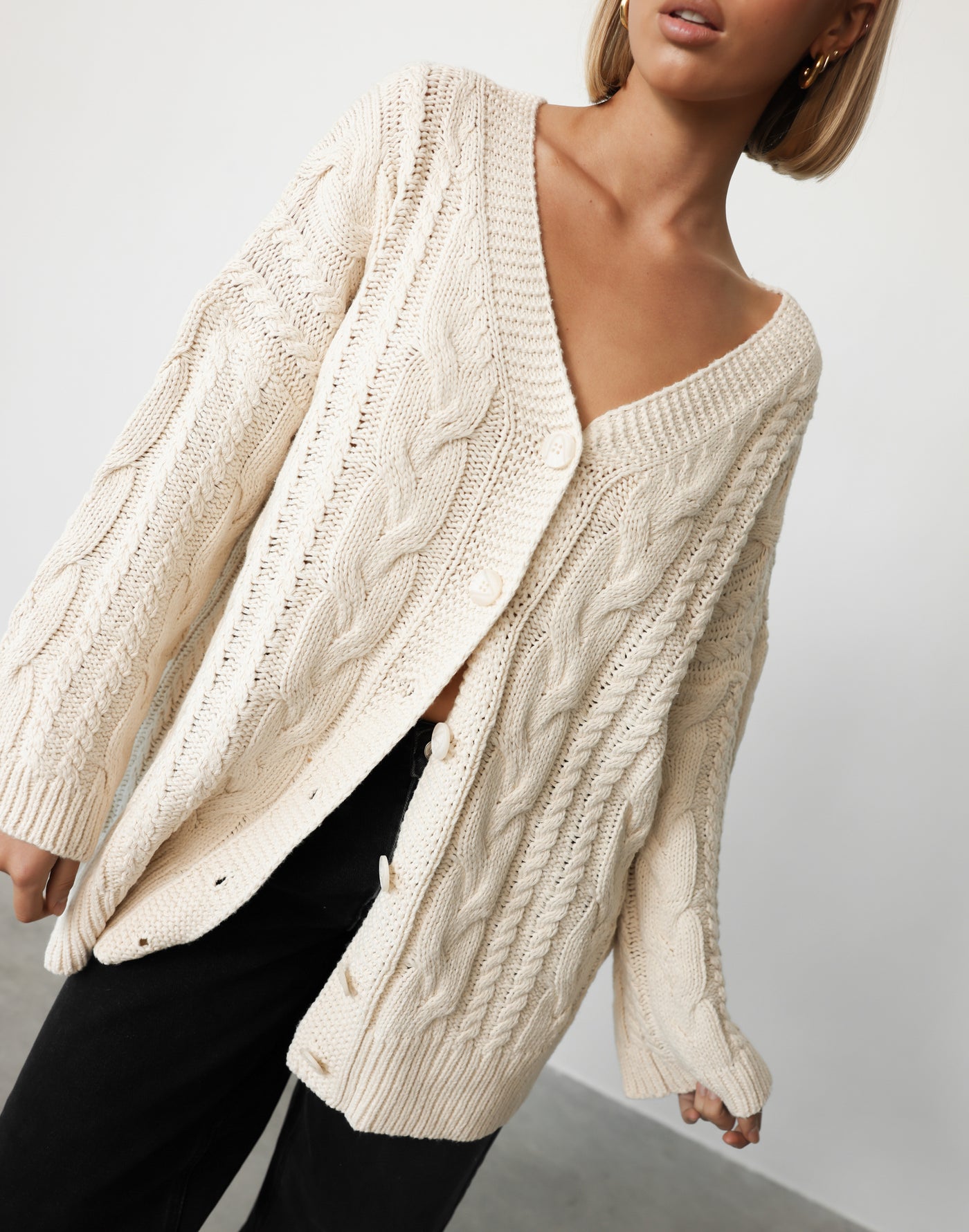 Ashleigh Cardigan (Beige) - Longline Button Closure Knit Caridgan - Women's Outerwear - Charcoal Clothing