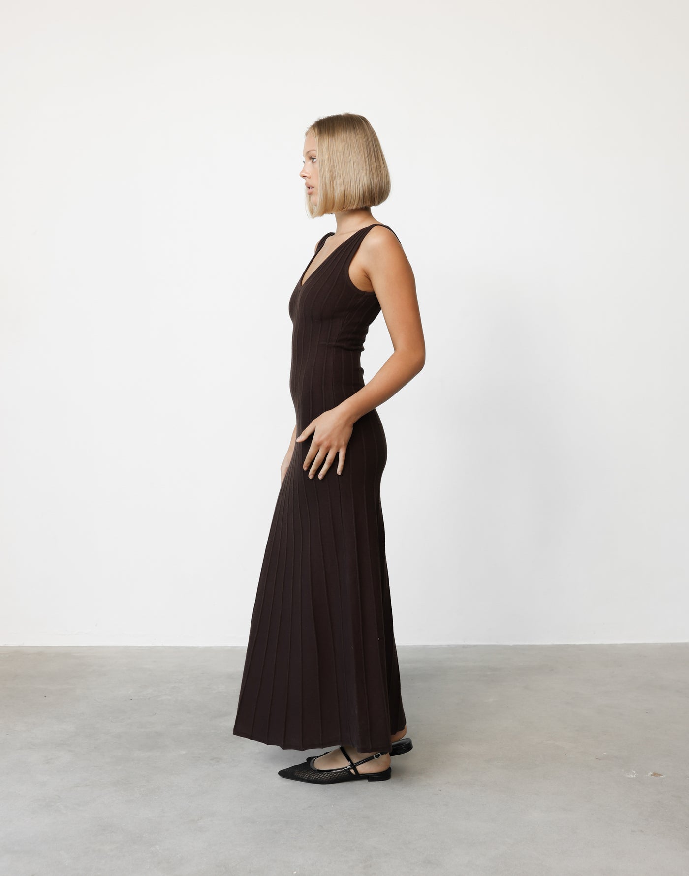 Aurelia Maxi Dress (Chocolate) | CHARCOAL Exclusive - Ribbed Scooped Back V-neck Front Maxi Dress - Women's Dress - Charcoal Clothing