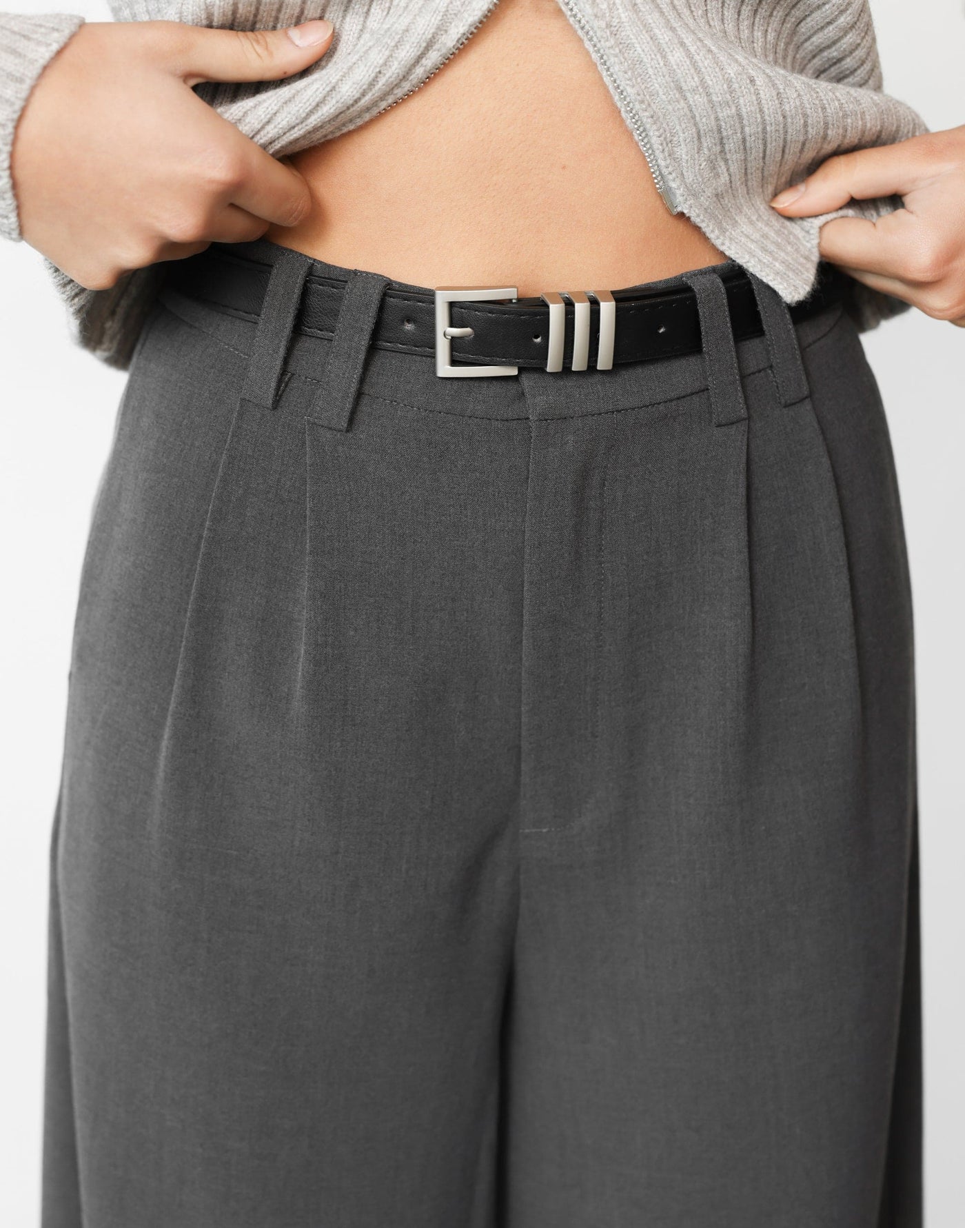 Ramona Pants (Charcoal) | CHARCOAL Exclusive - High Rise Wide Leg Zipper and Button Closure - Women's Pants - Charcoal Clothing